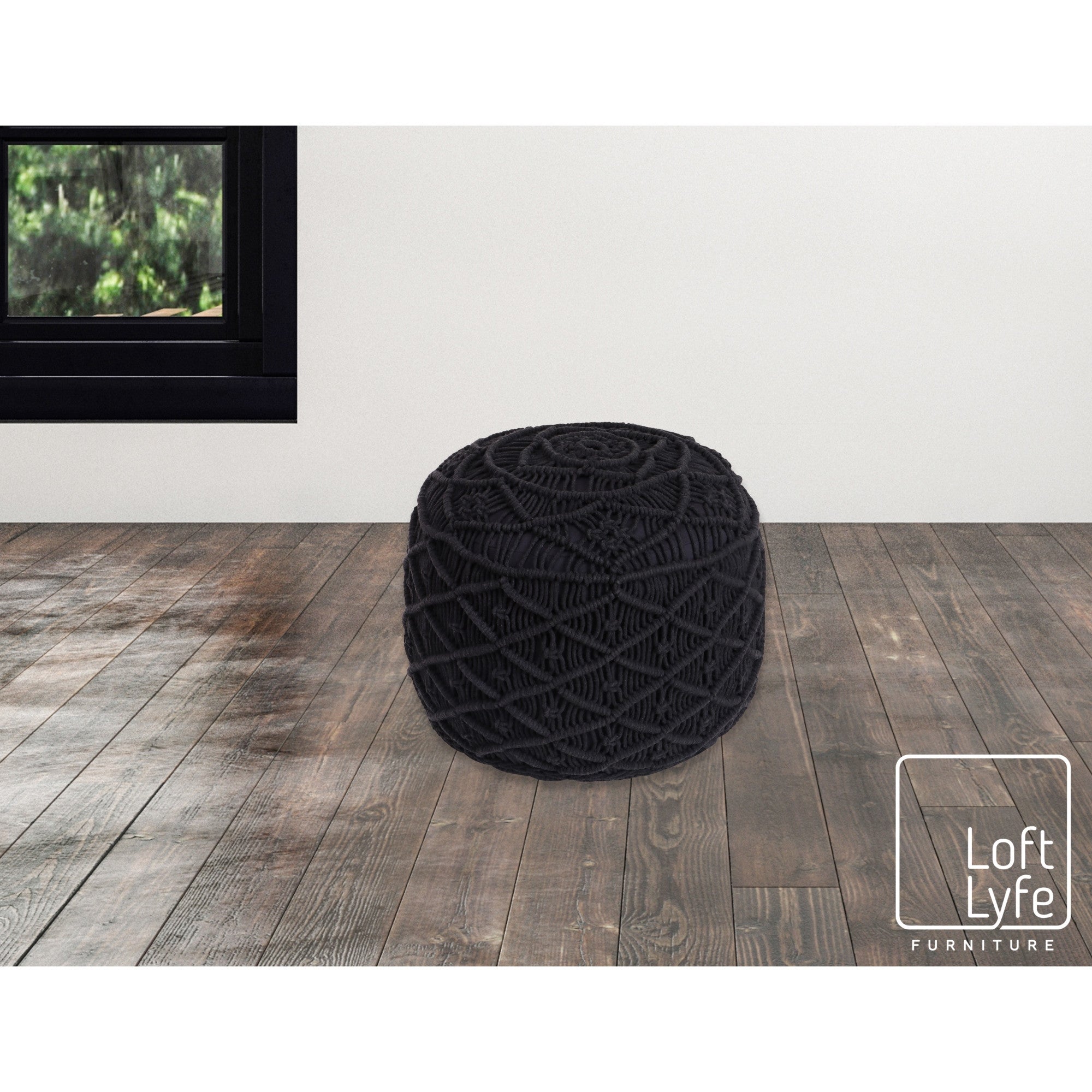 18" Light Gray Cotton Blend Round Geometric Pouf Ottoman