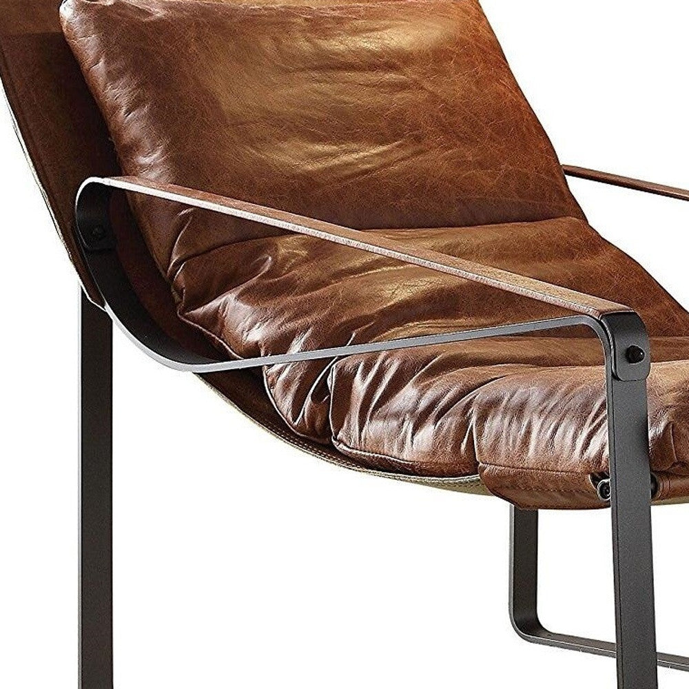 27" Brown Top Grain Leather And Steel Lounge Chair