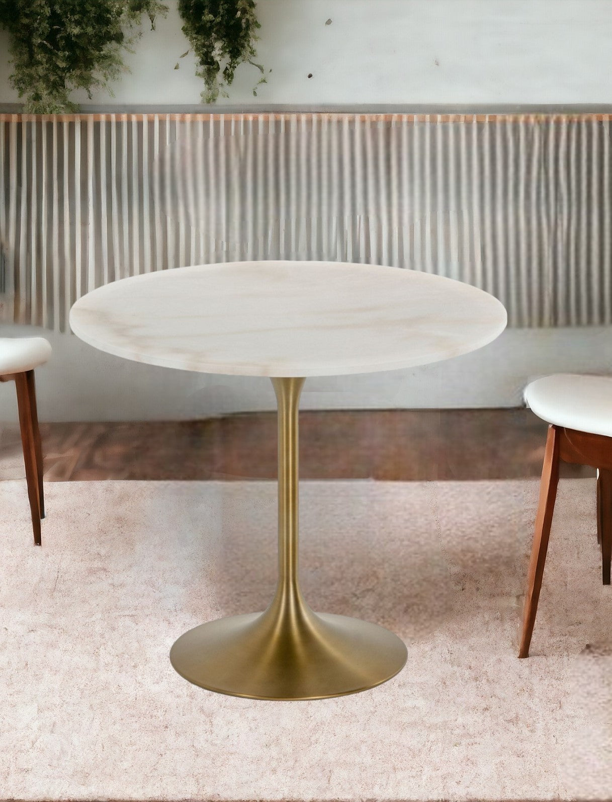 35" White And Gold Rounded Marble And Metal Dining Table