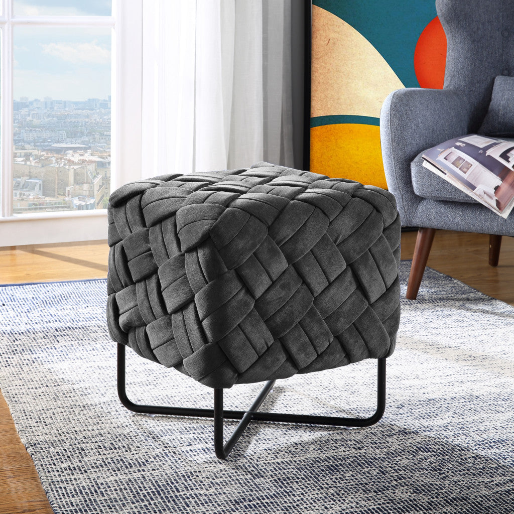 17" Cream Velvet And Black Cube Ottoman