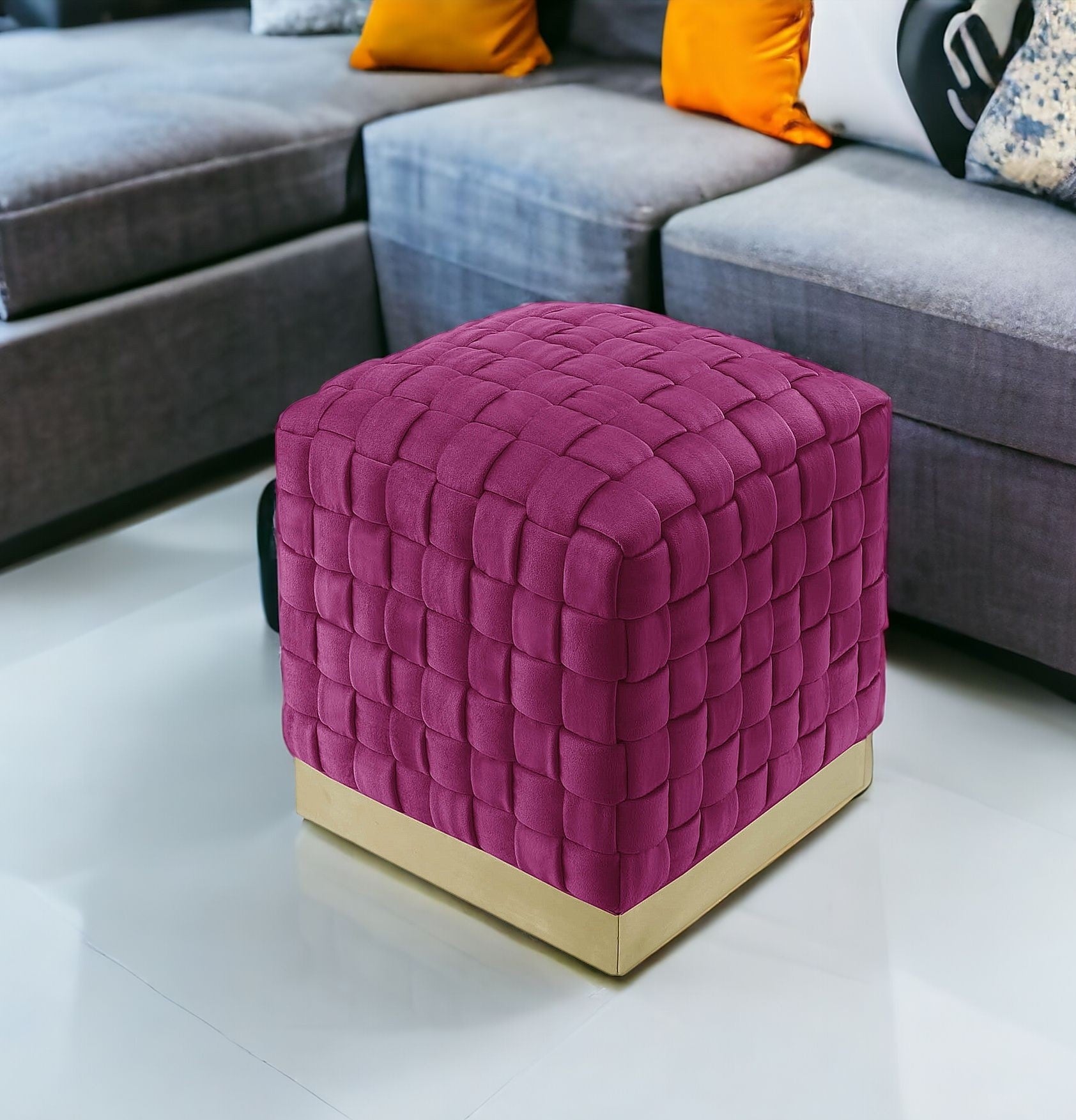 17" Fuchsia Velvet And Gold Ottoman