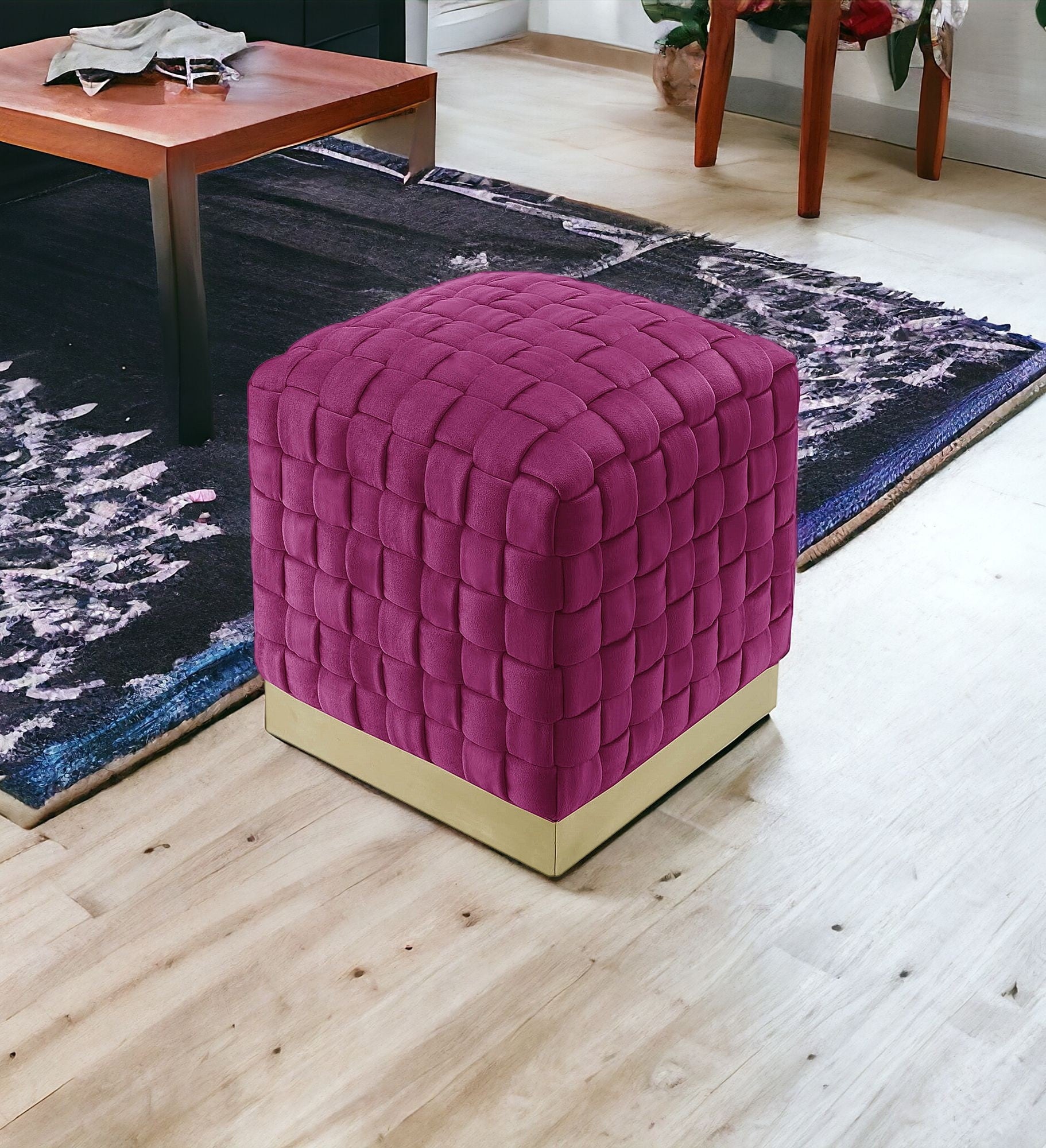 17" Fuchsia Velvet And Gold Ottoman