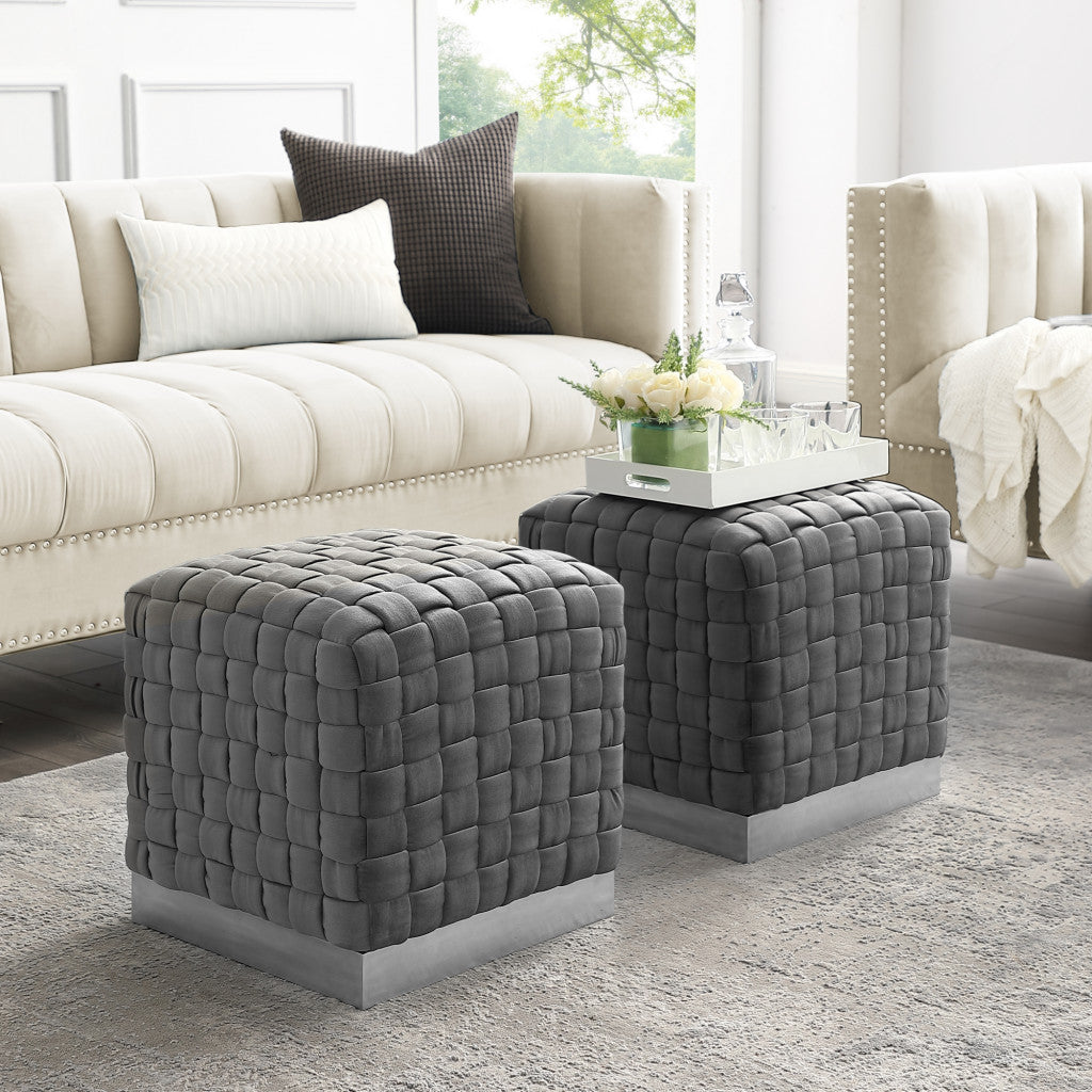 17" Gray Velvet And Silver Ottoman