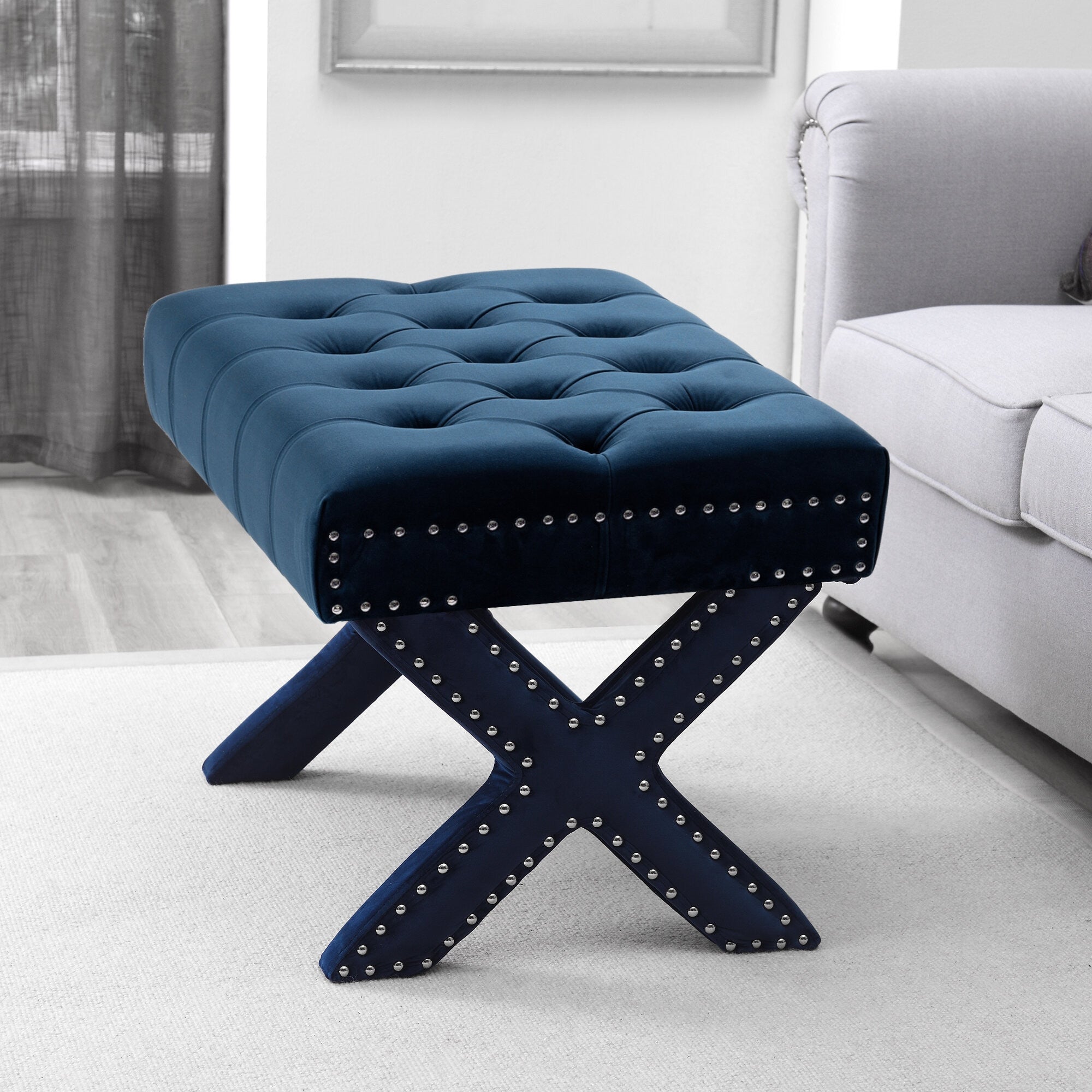 20" Navy Blue Velvet Tufted Ottoman