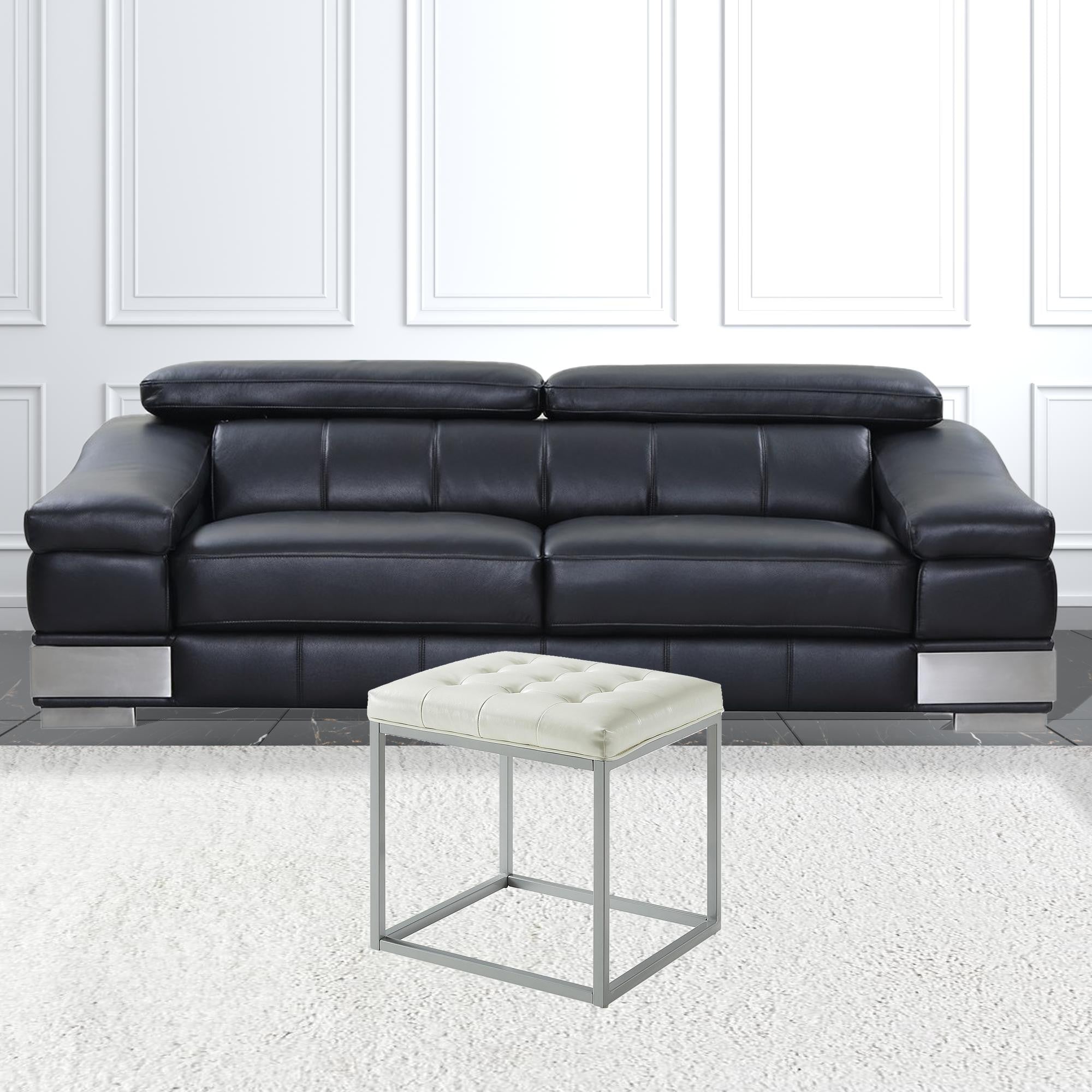 18" Cream Faux Leather And Gray Cube Ottoman