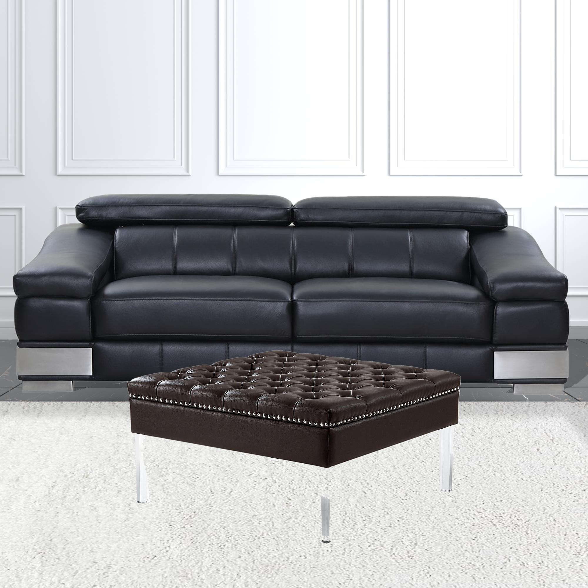 35" Silver Faux Leather And Clear Tufted Cocktail Ottoman