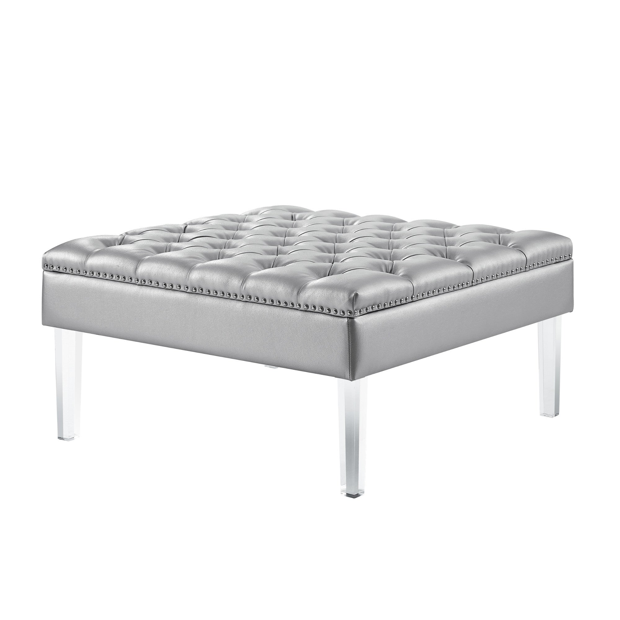 35" Silver Faux Leather And Clear Tufted Cocktail Ottoman