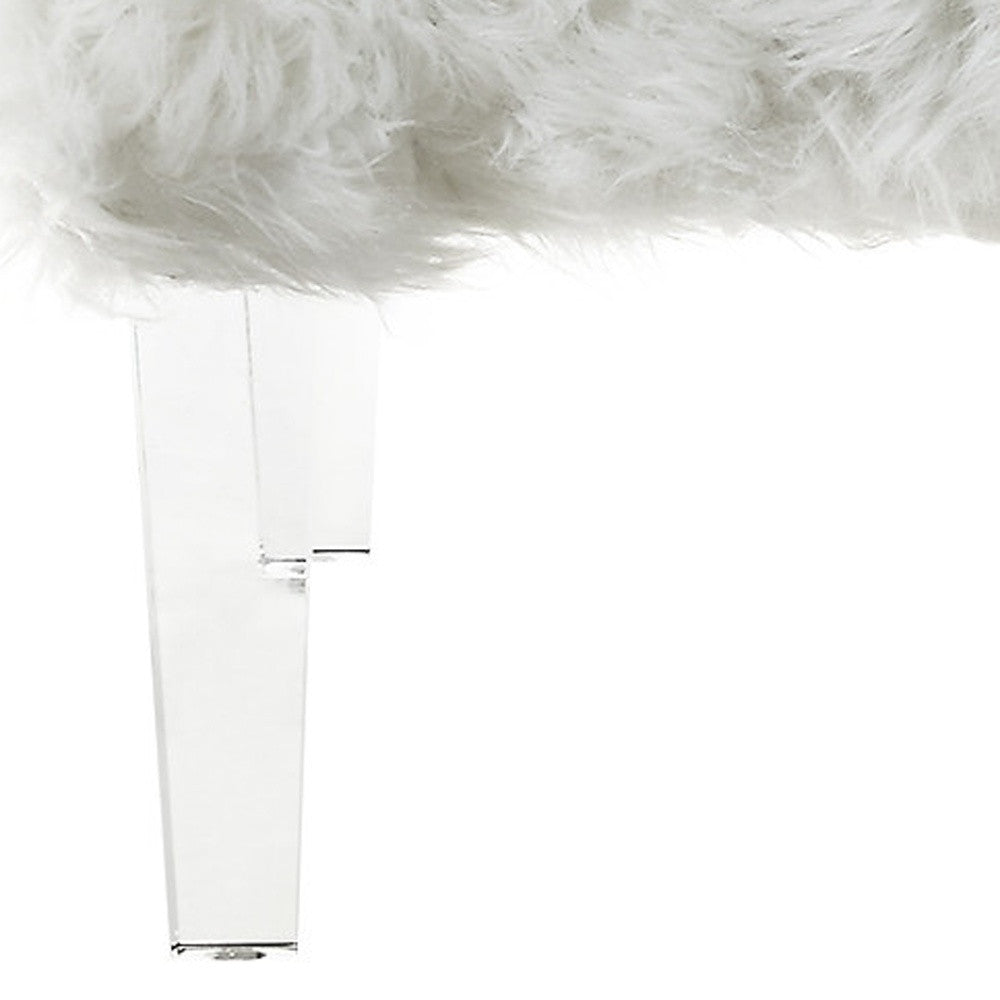 19" White Faux Fur And Clear Ottoman