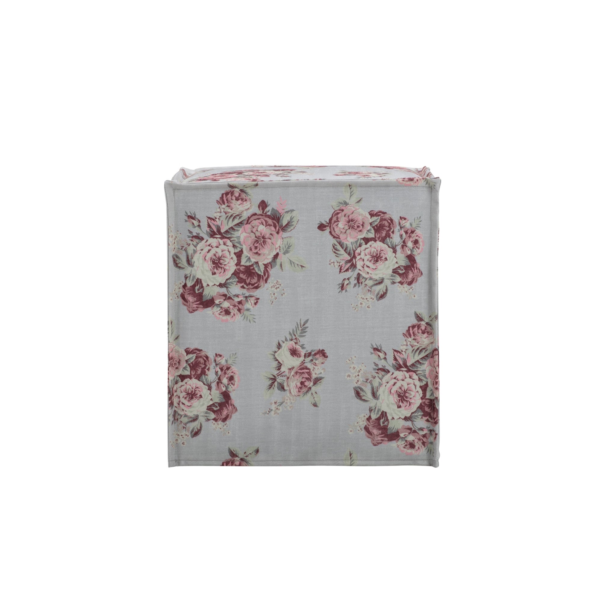 18" Ivory Linen Floral Ottoman