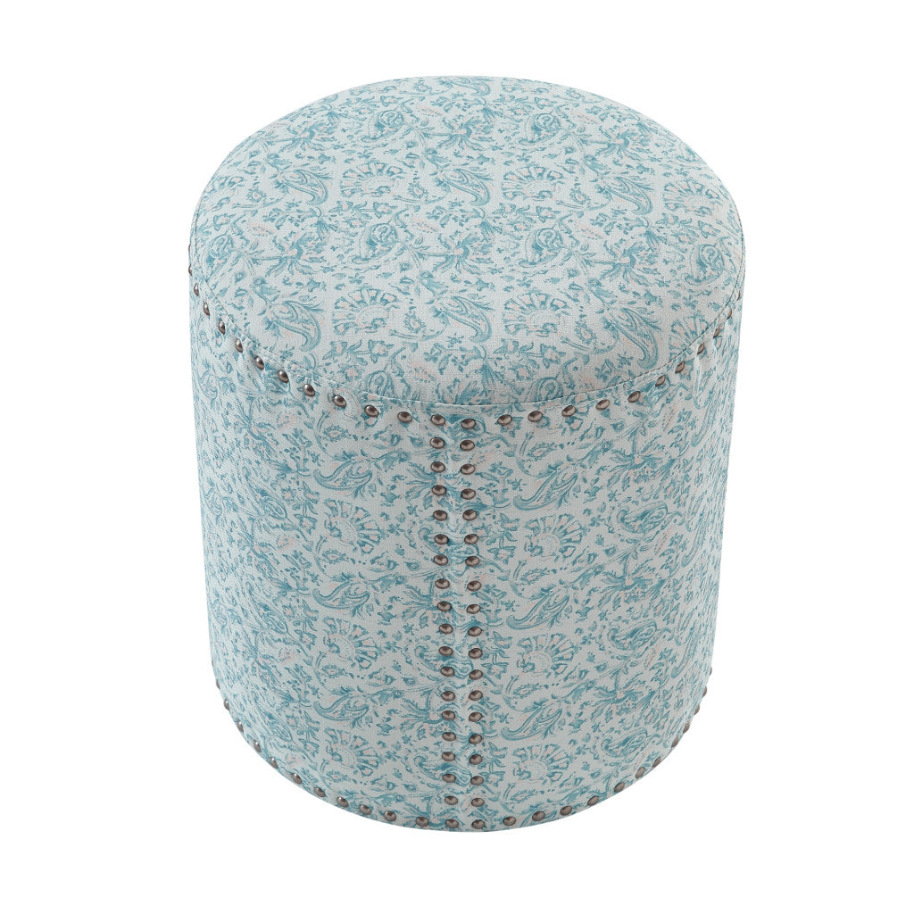 18" Blue Linen Round Floral Ottoman