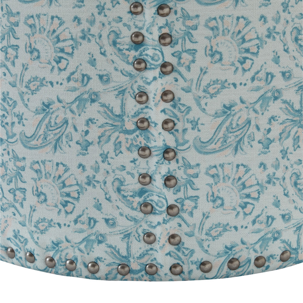 18" Blue Linen Round Floral Ottoman