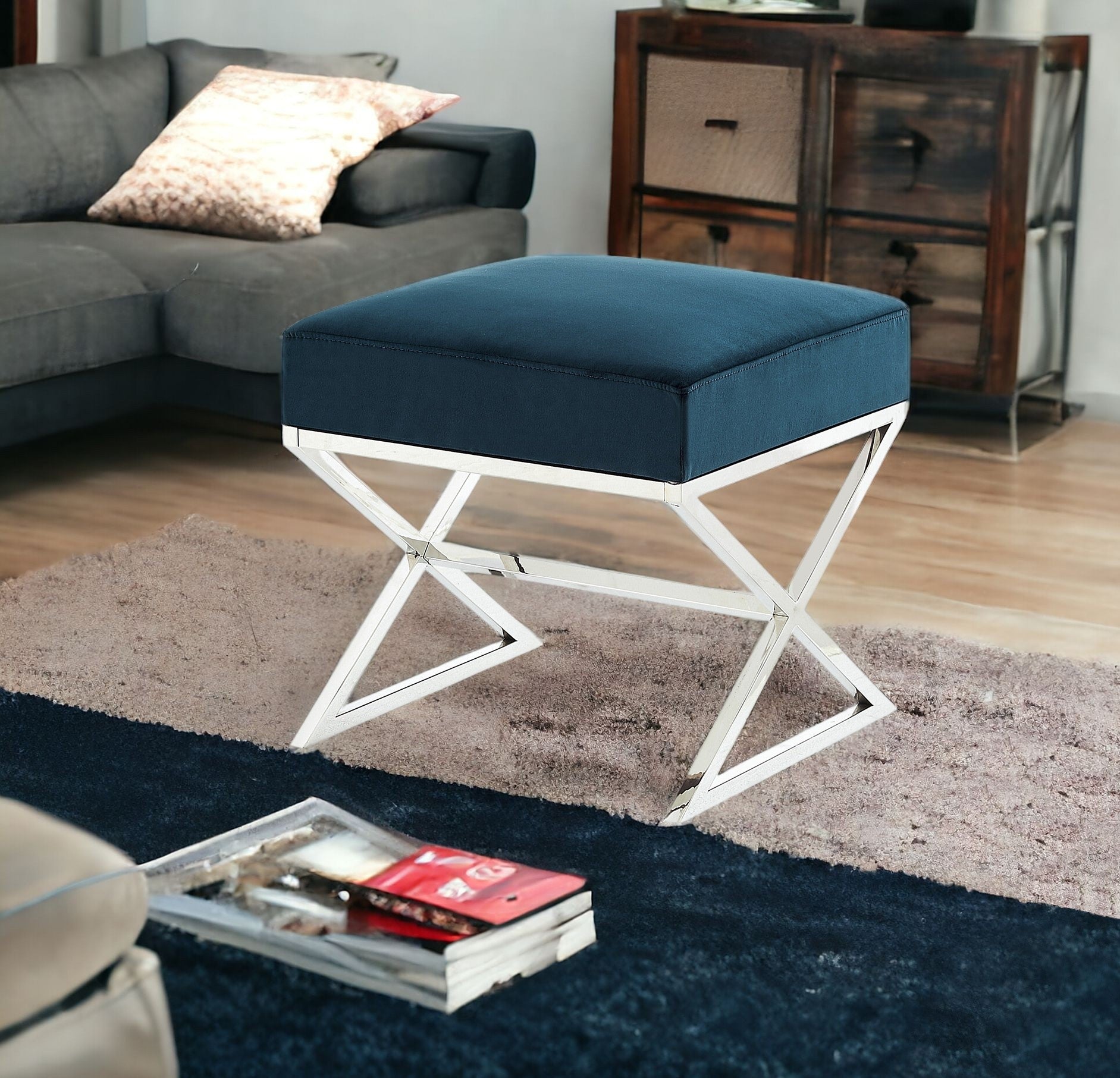 18" Navy Blue Velvet and Silver Ottoman