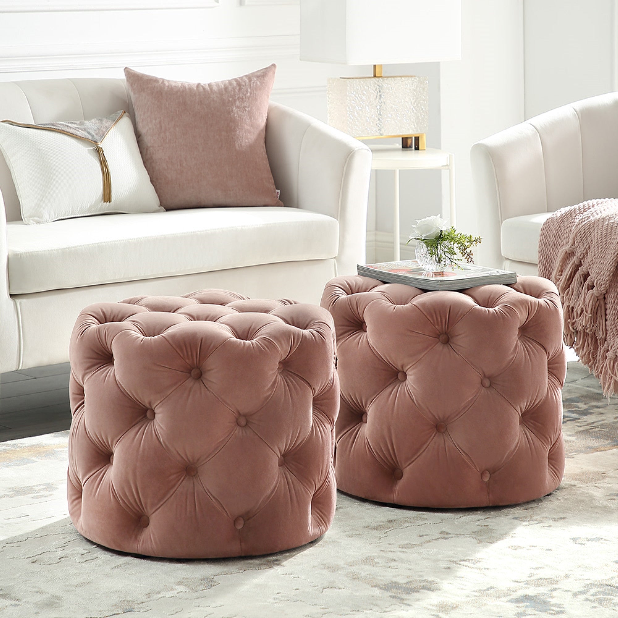 21" Blush Velvet Tufted Round Ottoman