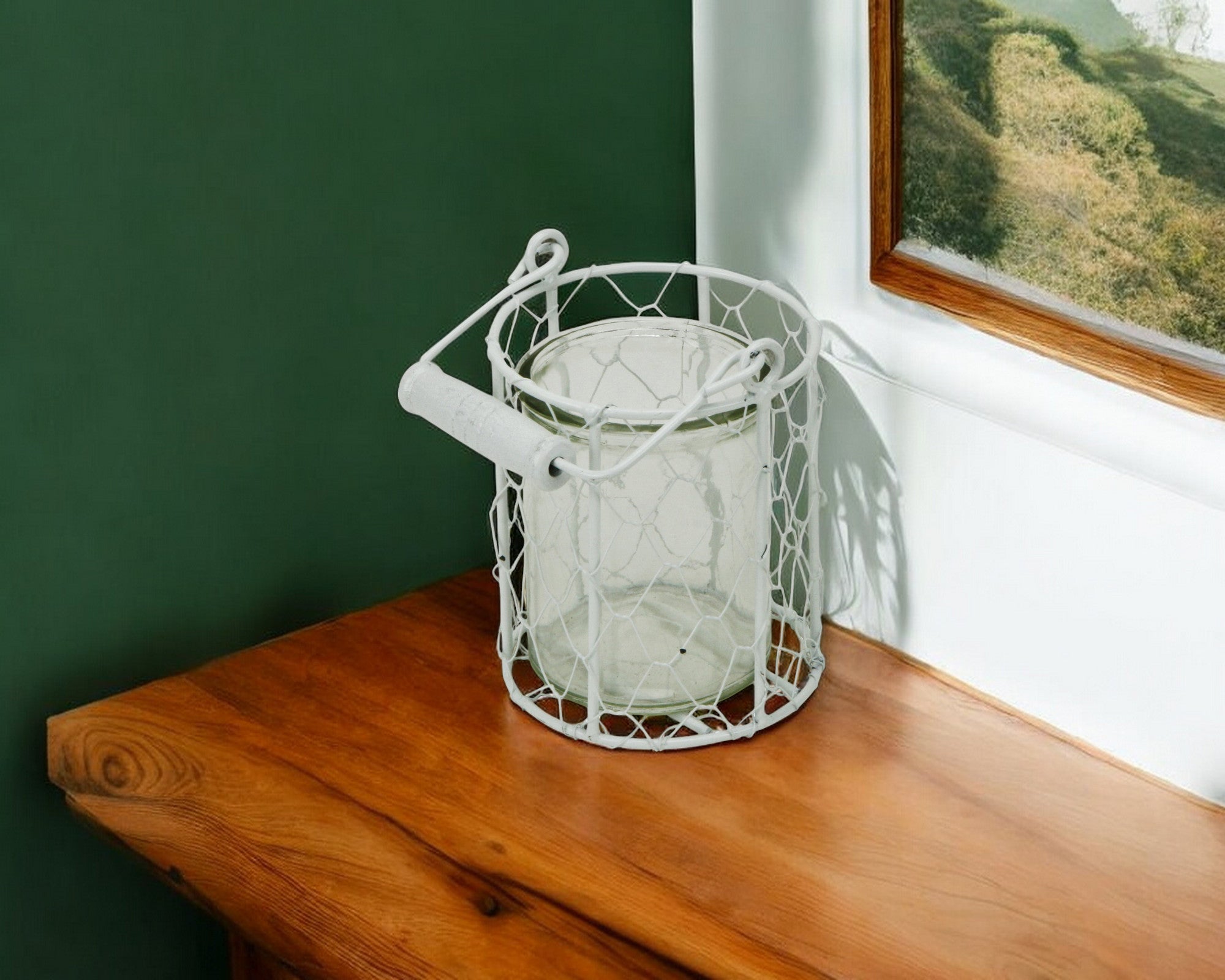 4" White and Clear Wire Basket and Glass Jar