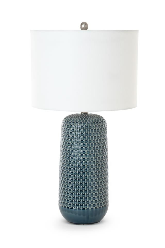 Set of Two 30" Blue Ceramic Geometric Table Lamp With White Drum Shade