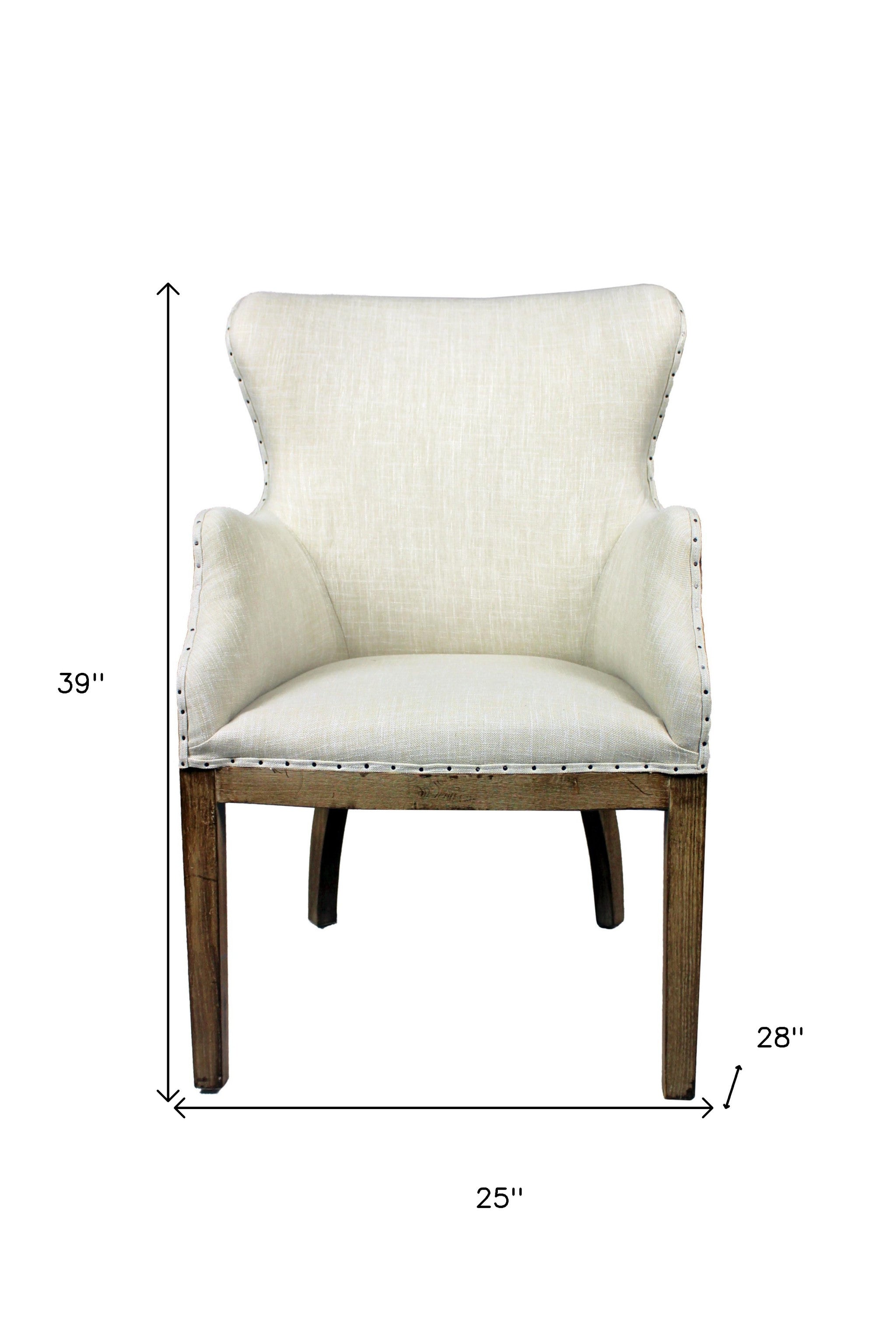 25" Ivory and Brown Fabric and Solid Wood Dining Arm Chair