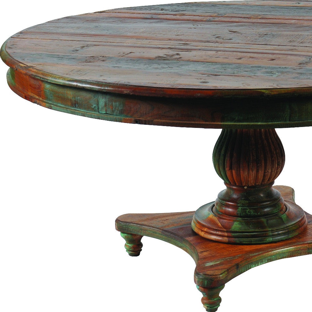 60" Brown Rounded Solid Wood Pedestal Base Dining Table