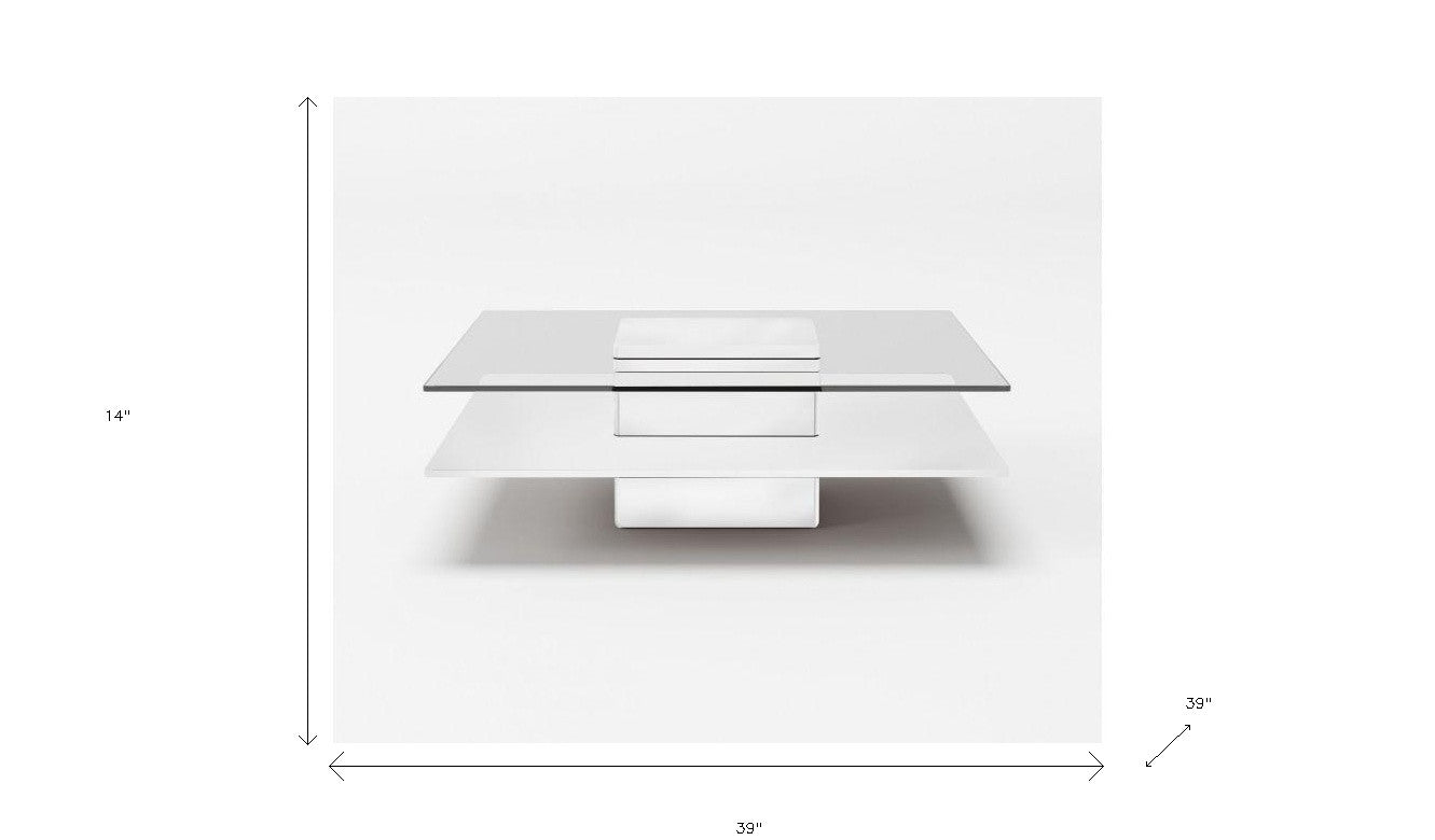 39" White And Clear Glass Square Coffee Table With Shelf