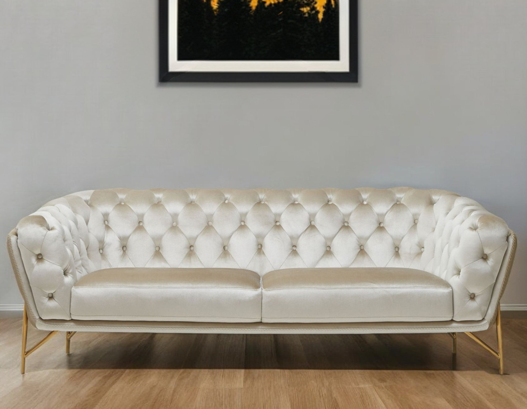 88" Beige Velvet Sofa With Gold Legs