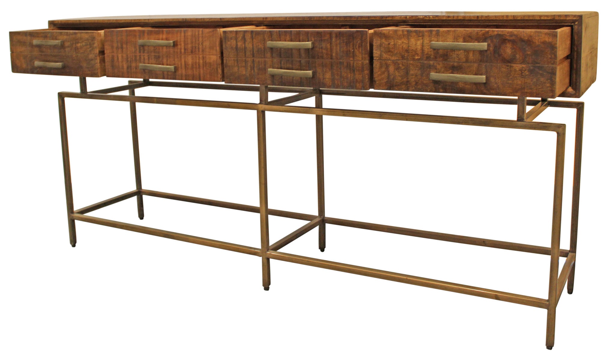 72" Brown and Brass Solid Wood Distressed Frame Console Table With Storage