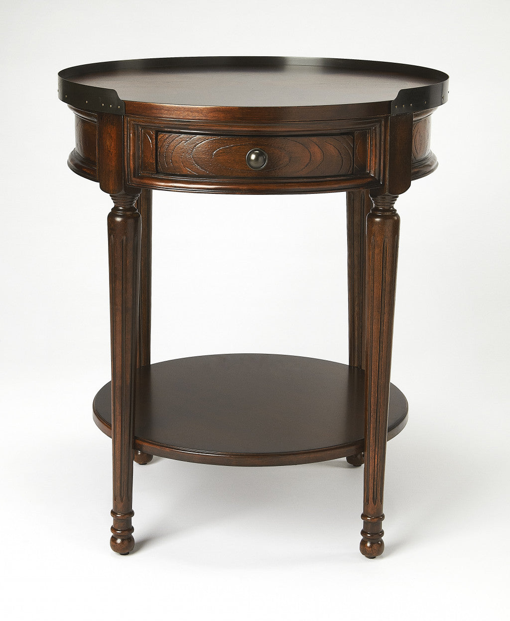 26" Dark Brown Manufactured Wood Round End Table With Drawer And Shelf