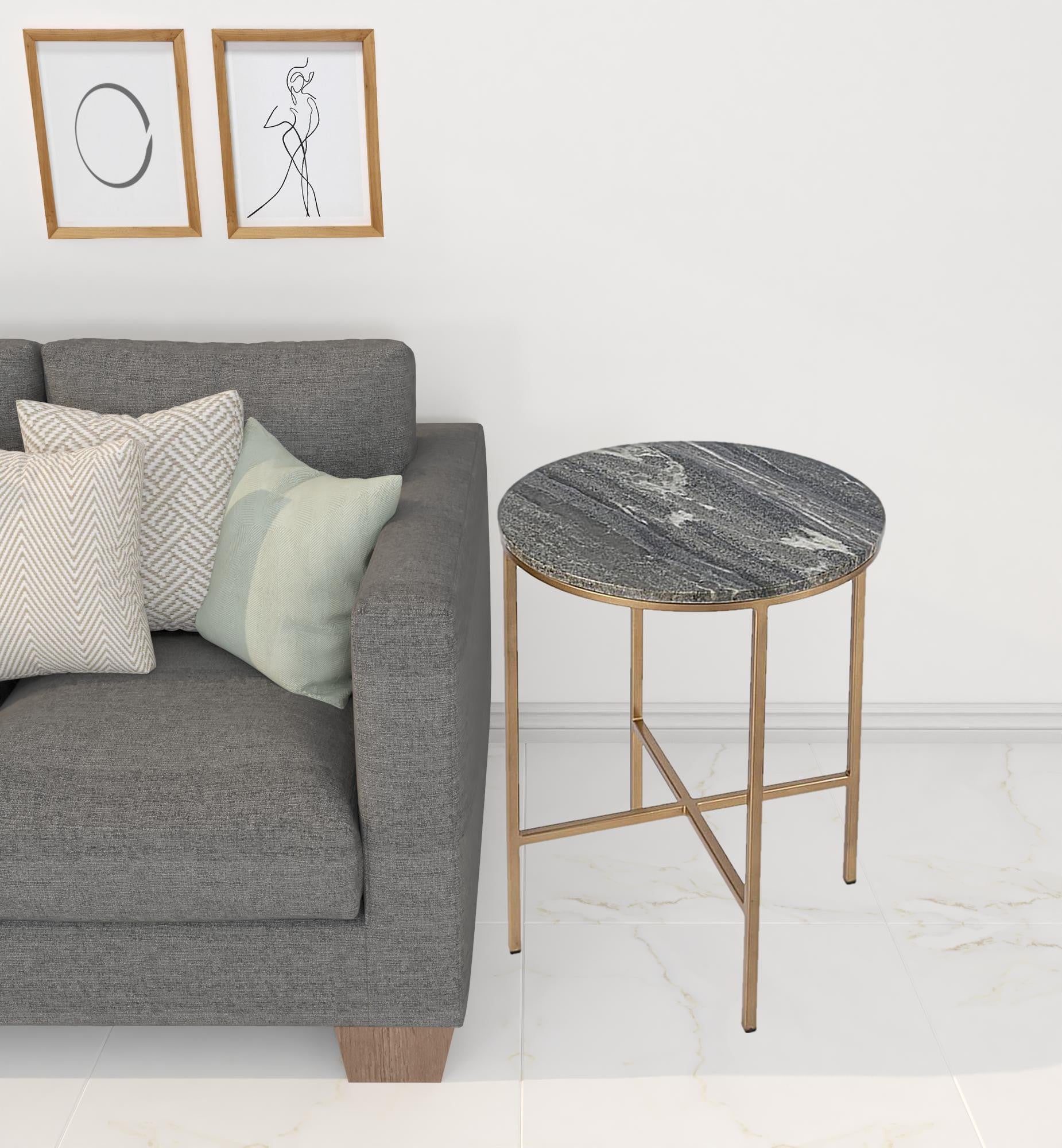 23" Brass And Gray Marble Round End Table