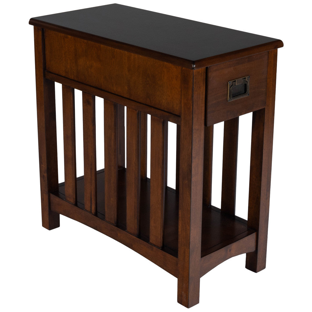 24" Dark Cherry Brown Rectangular End Table With Drawer And Shelf