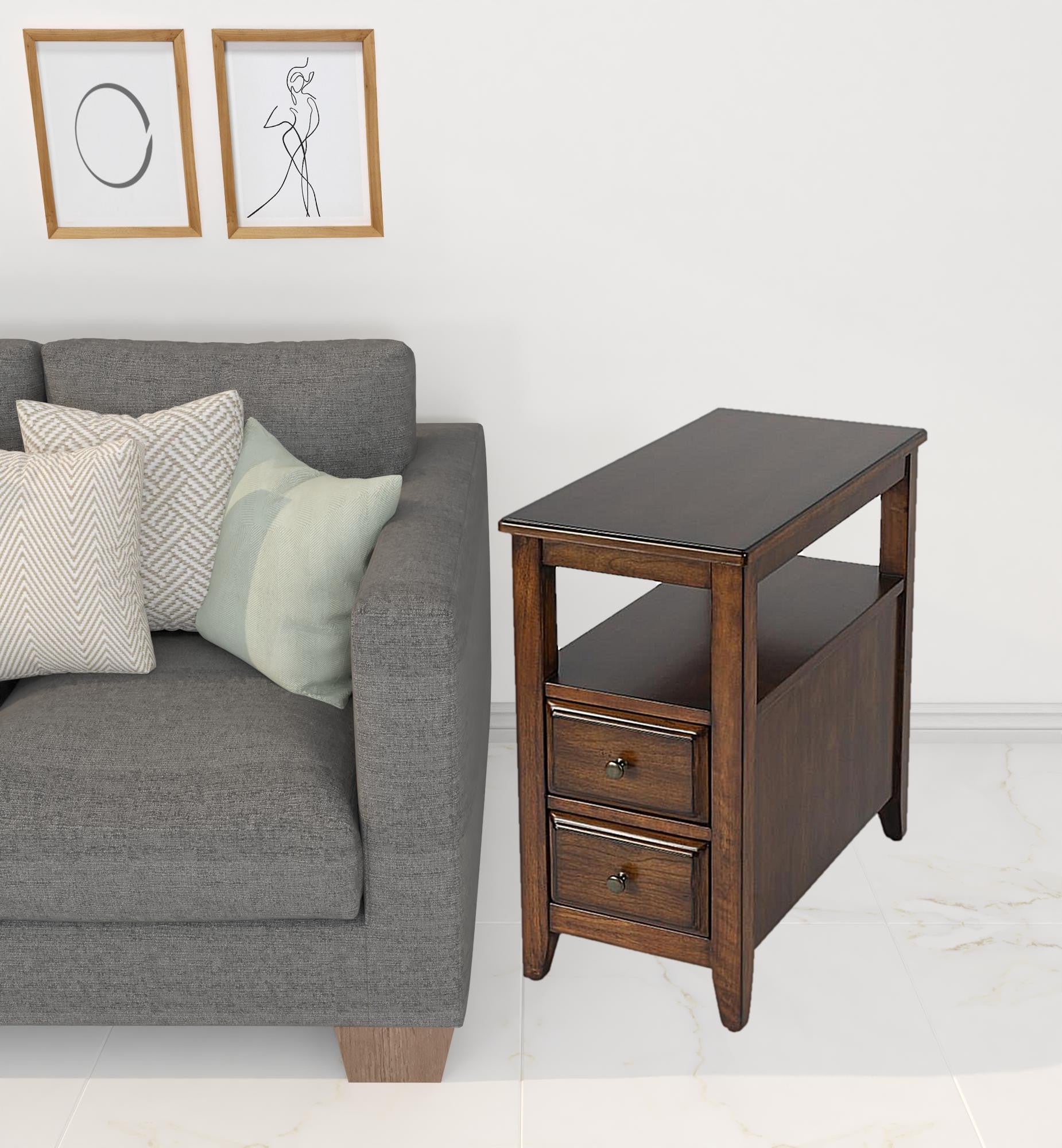 24" Brown Distressed End Table With Two Drawers And Shelf