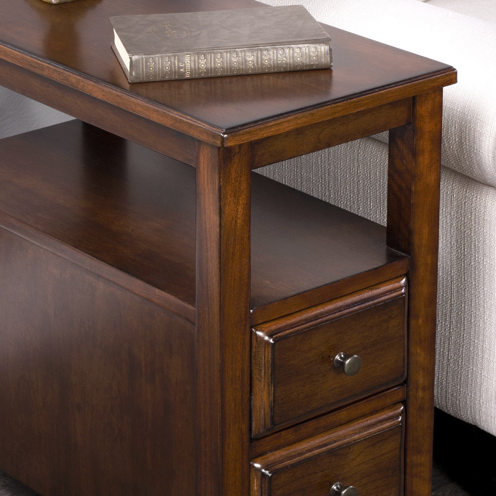 24" Brown Distressed End Table With Two Drawers And Shelf