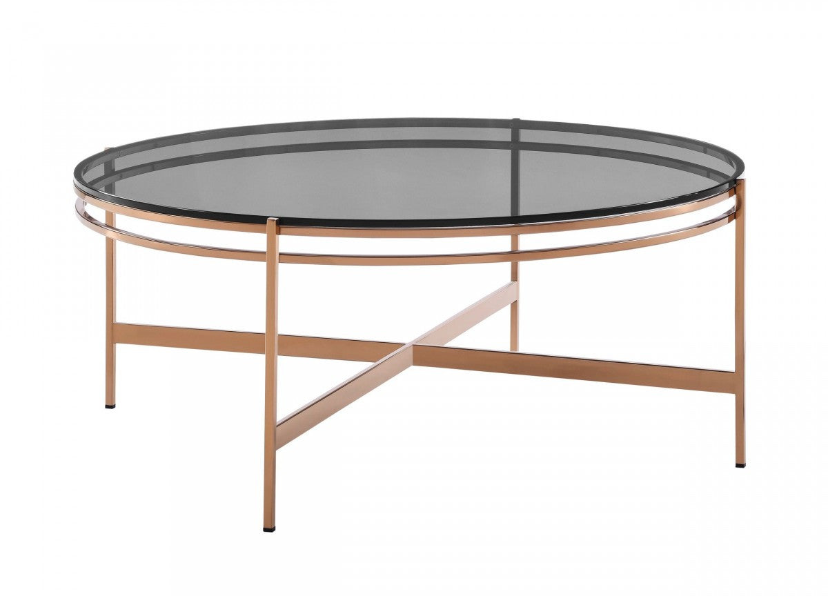 35" Gold And Smoked Glass Round Coffee Table