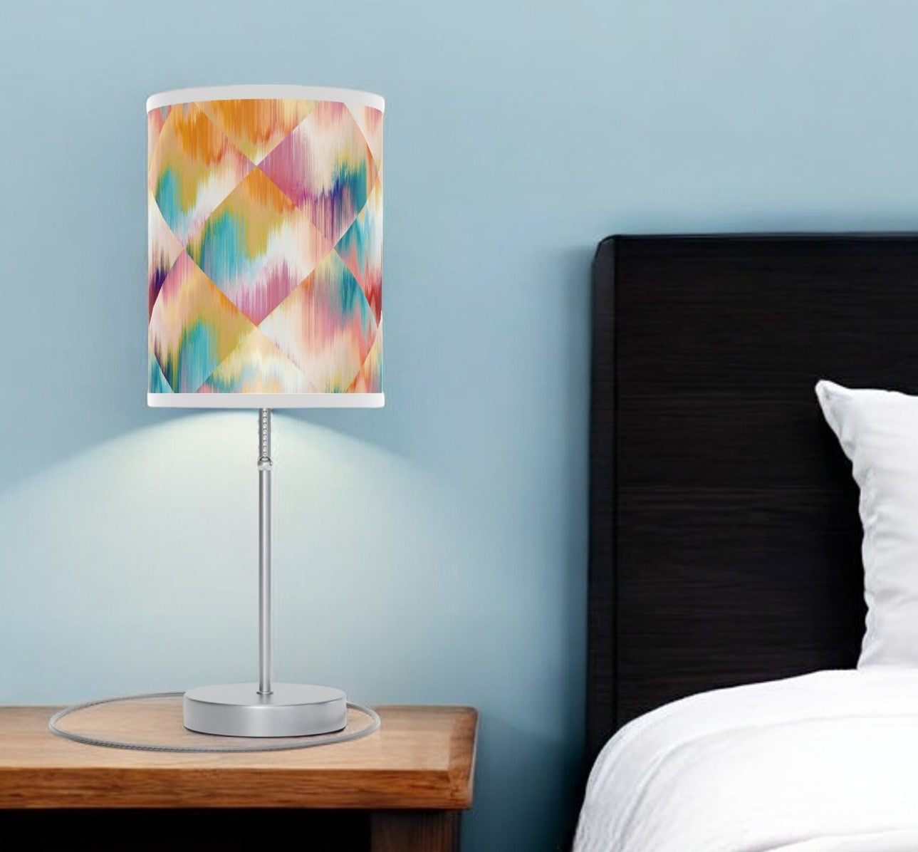 20" Silver Table Lamp With White And Colorful Abstract Ikat Cylinder Shade