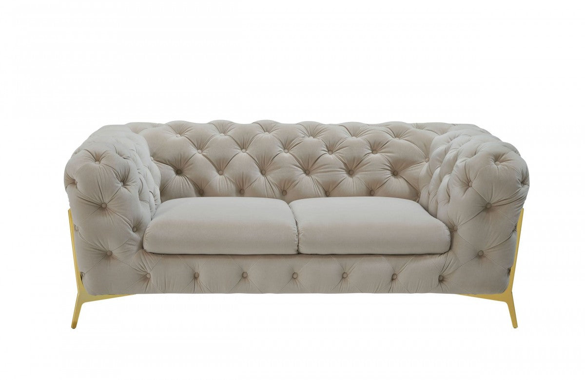 74" Beige Tufted Velvet And Gold Chesterfield Love Seat