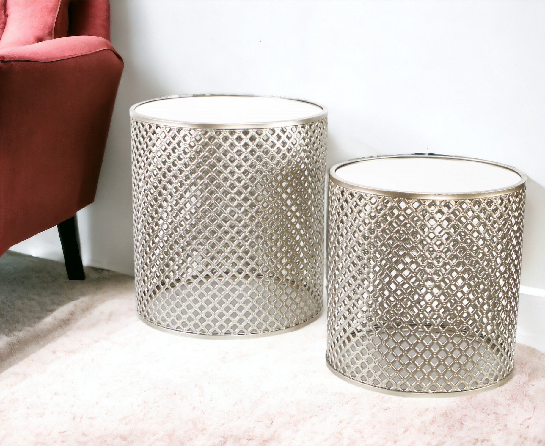 Set Of Two 21" Silver And White Mirrored And Steel Round Nested Tables