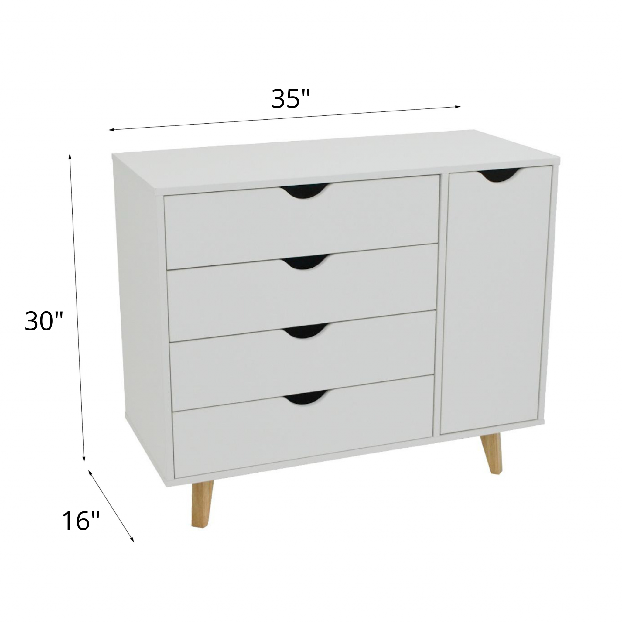 35" White Solid Wood Four Drawer Combo Dresser