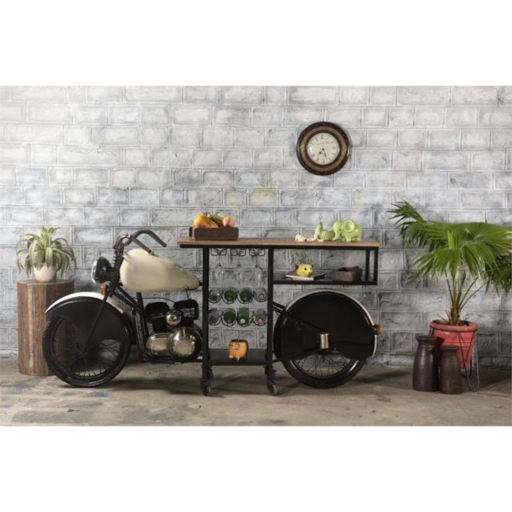 Black and White Metal Glider Motorcycle Rolling Bar Cart With Wine Storage