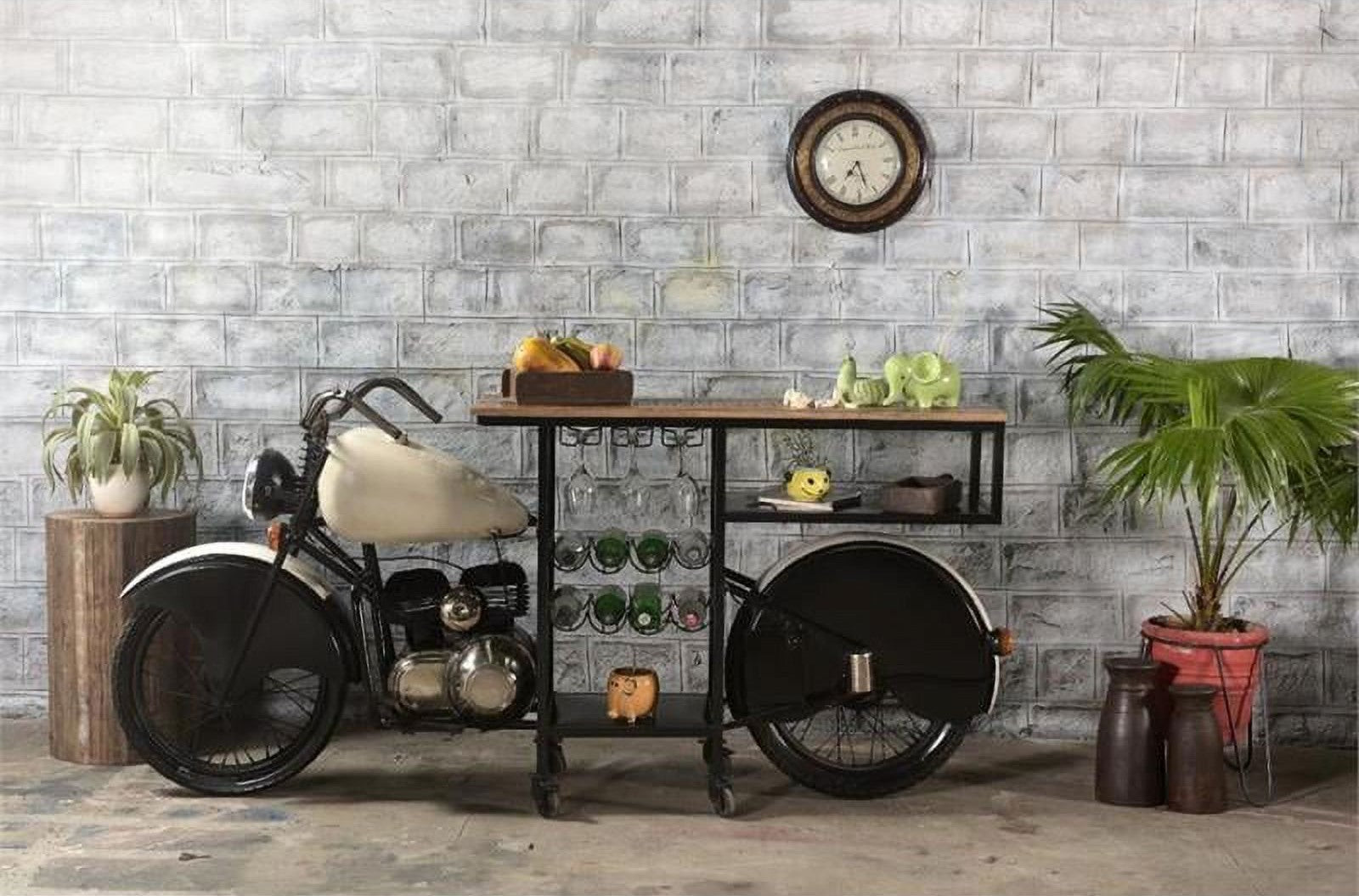 Black and White Metal Glider Motorcycle Rolling Bar Cart With Wine Storage