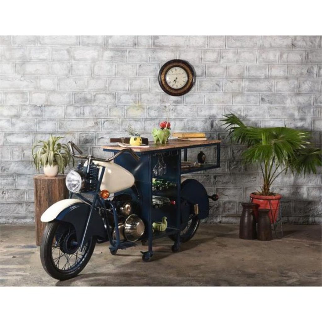 Blue and White Metal Glider Motorcycle Rolling Bar Cart With Wine Storage