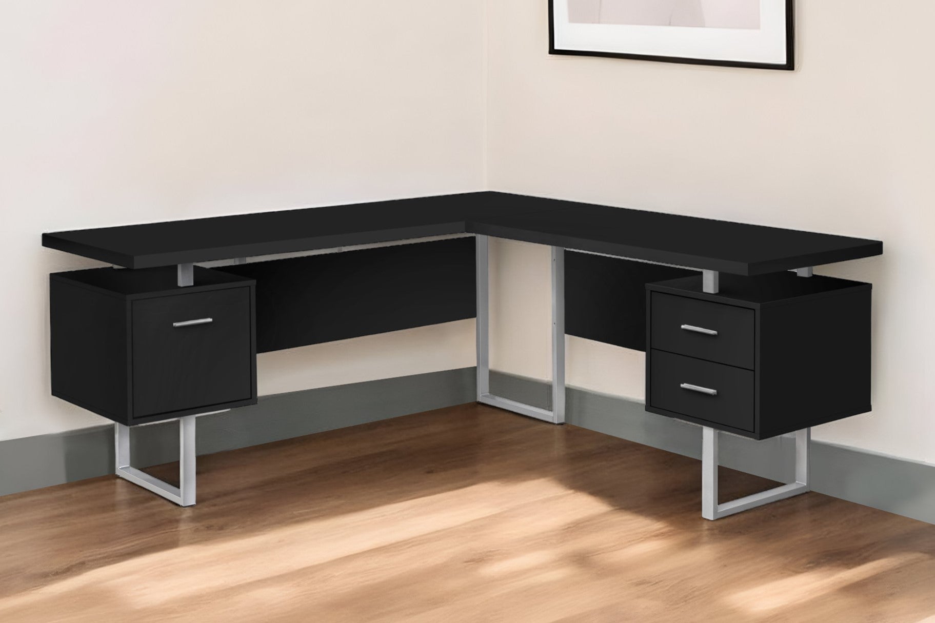 71" Black and Gray L Shape Computer Desk With Three Drawers