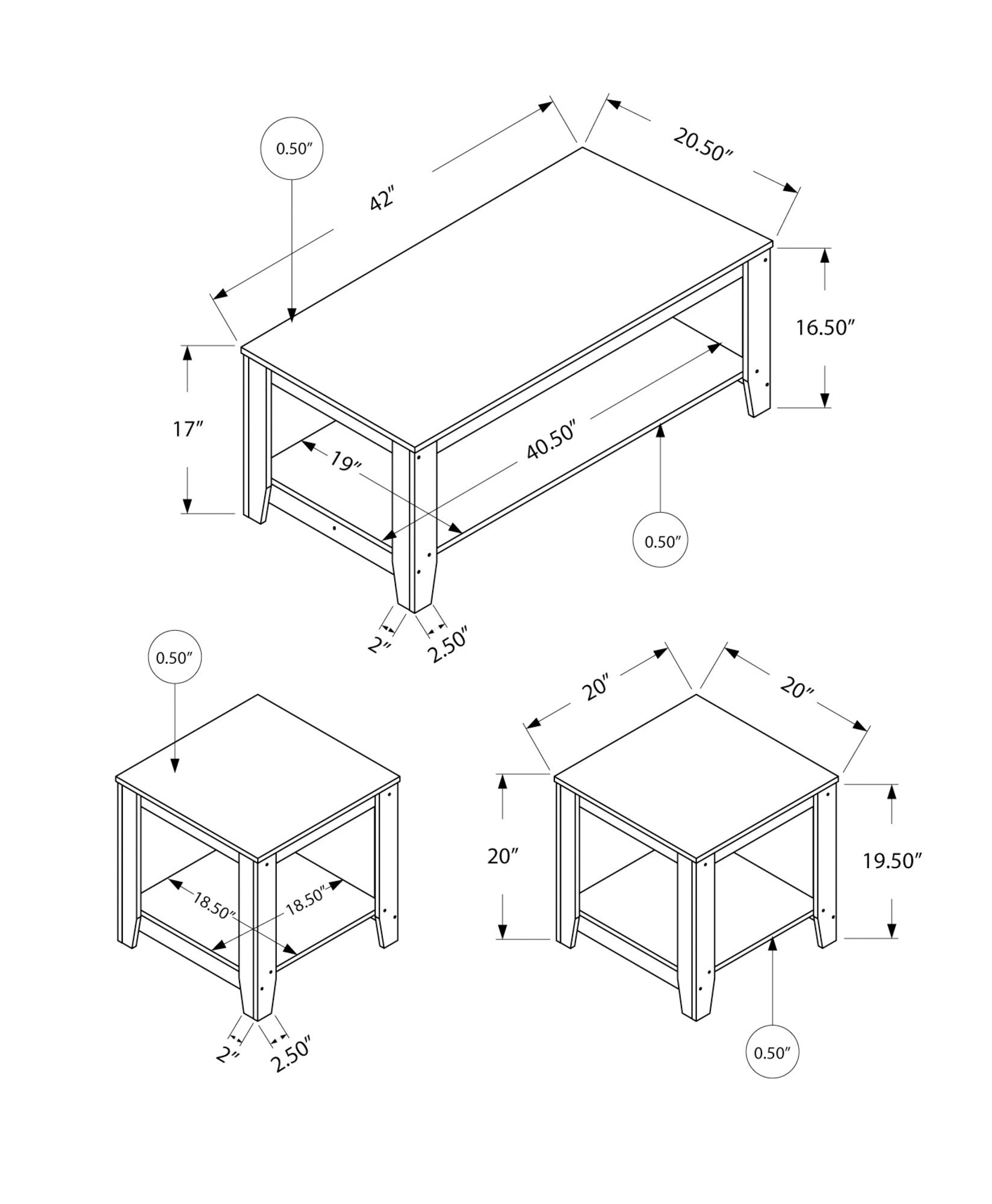 Set Of Three 42" Gray Rectangular Coffee Table With Three Shelves