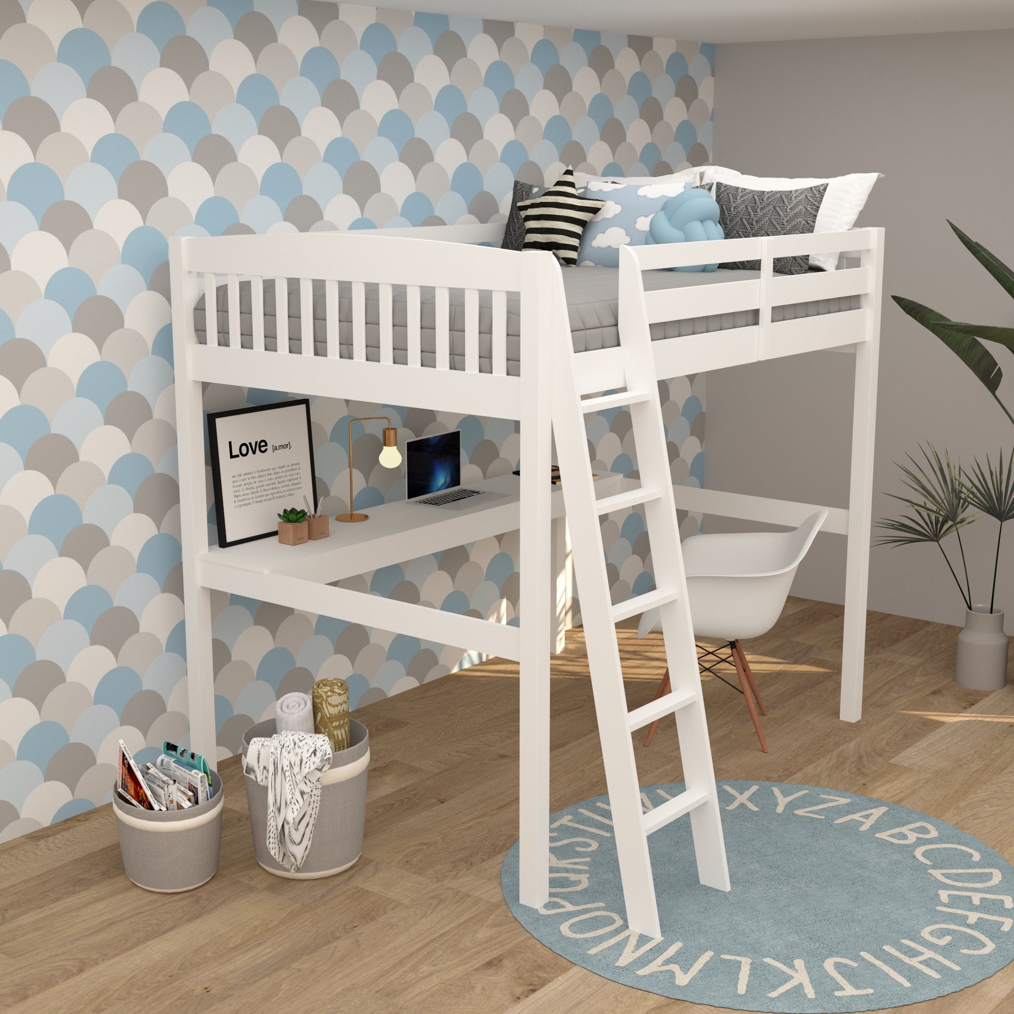 White Solid Wood Full Double Size Loft Bed with Desk and Storage