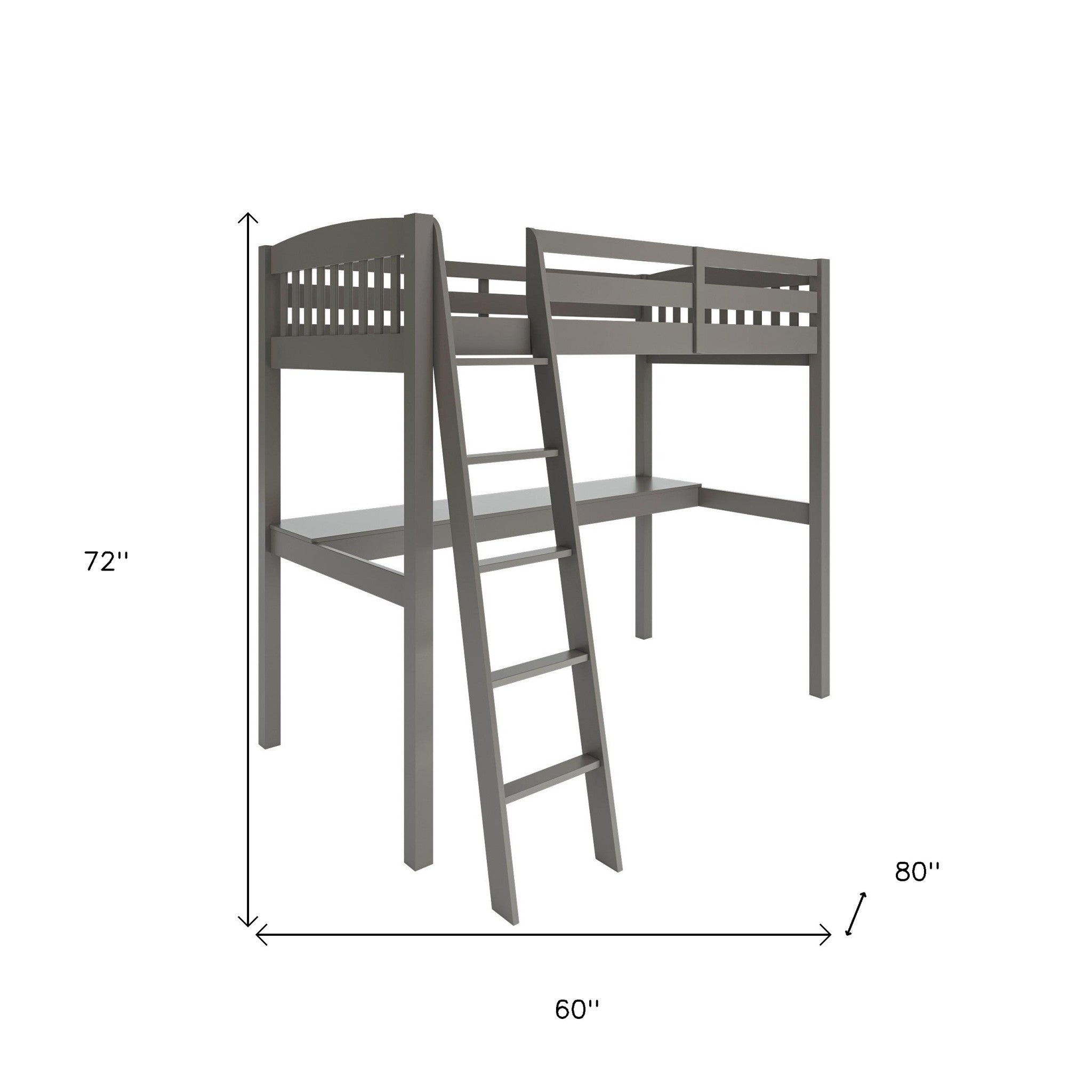 Gray Solid Wood Twin Size Loft Bed with Desk and Storage