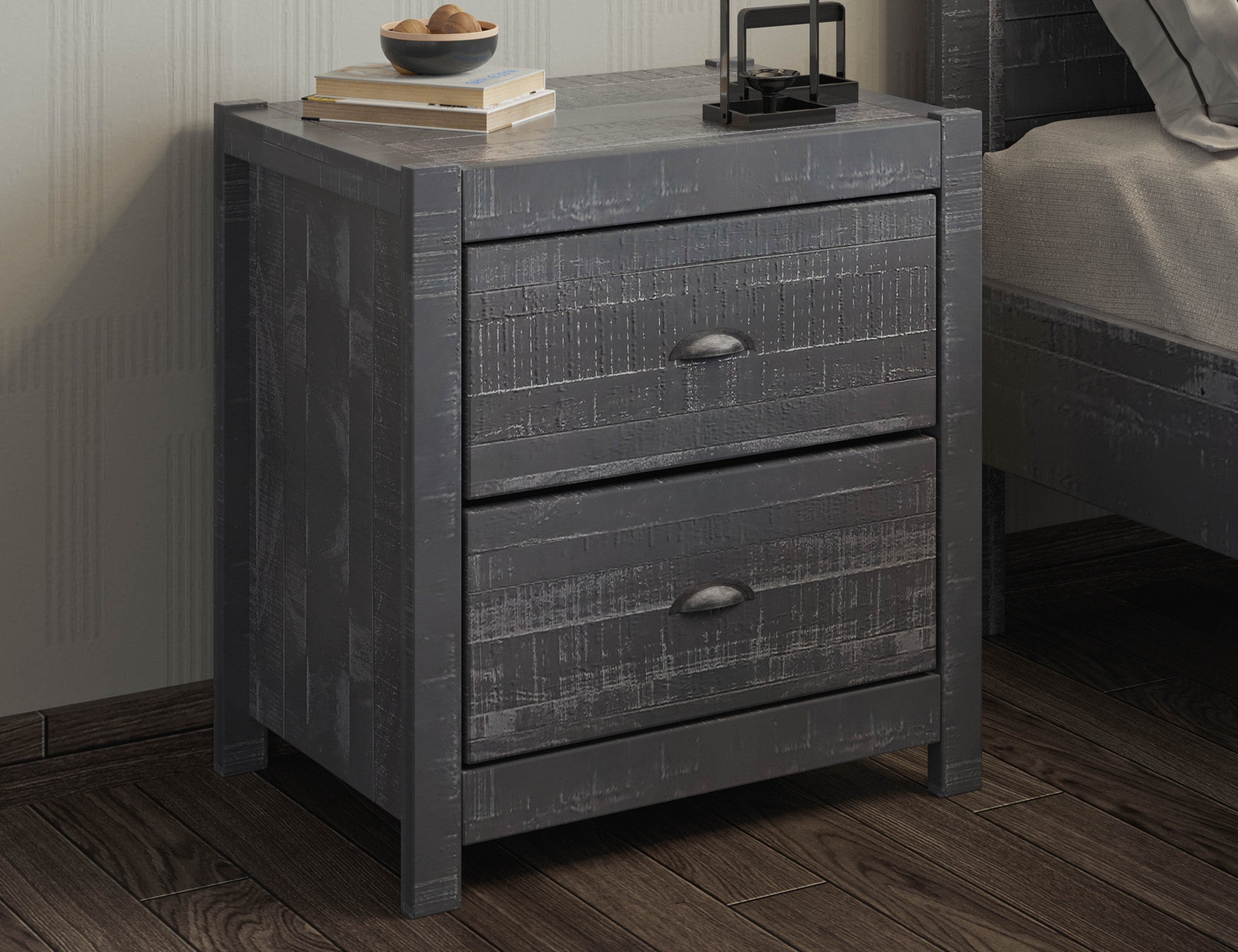 24" Dark Gray Distressed Solid Wood Two Drawer Nightstand