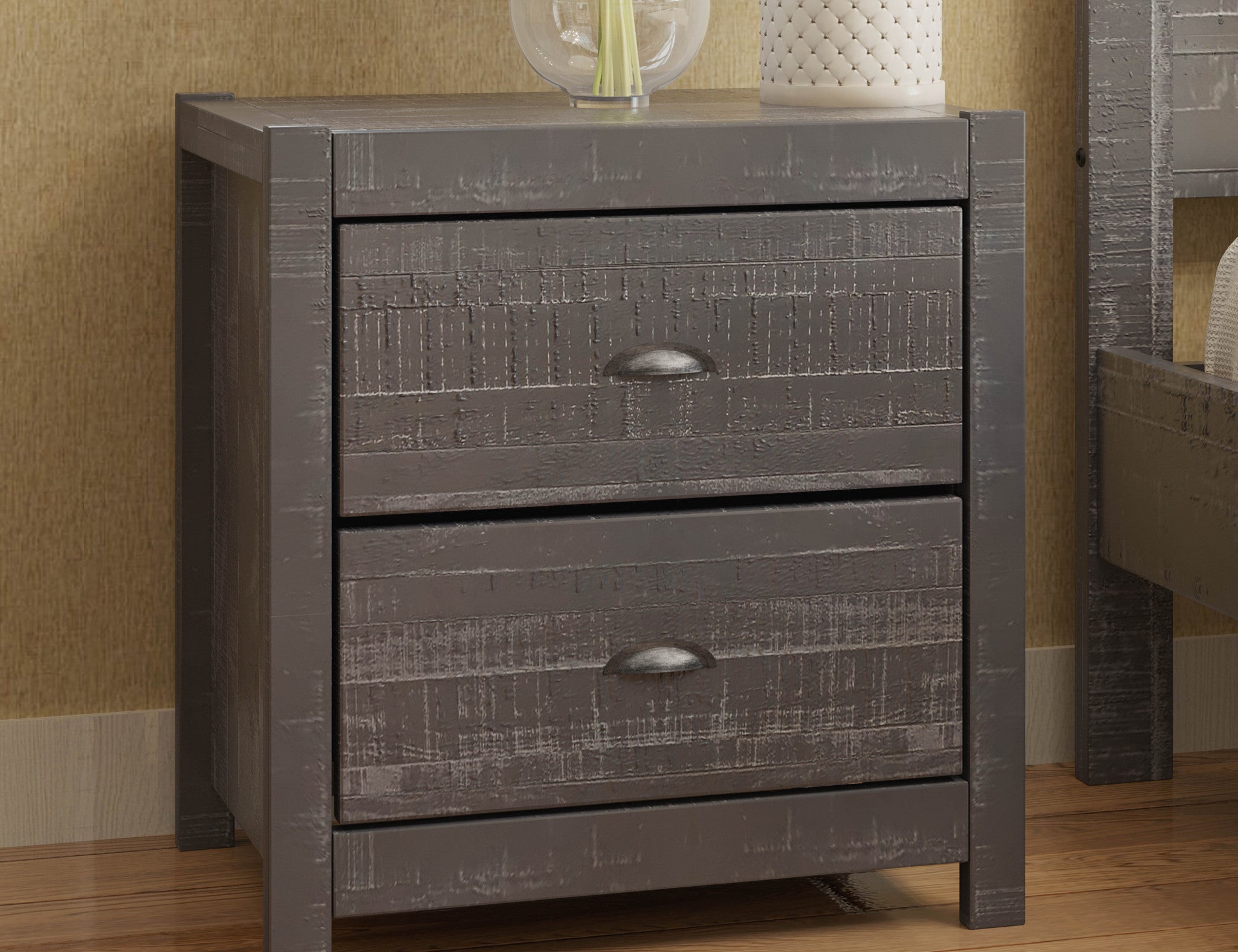 24" Dark Gray Distressed Solid Wood Two Drawer Nightstand