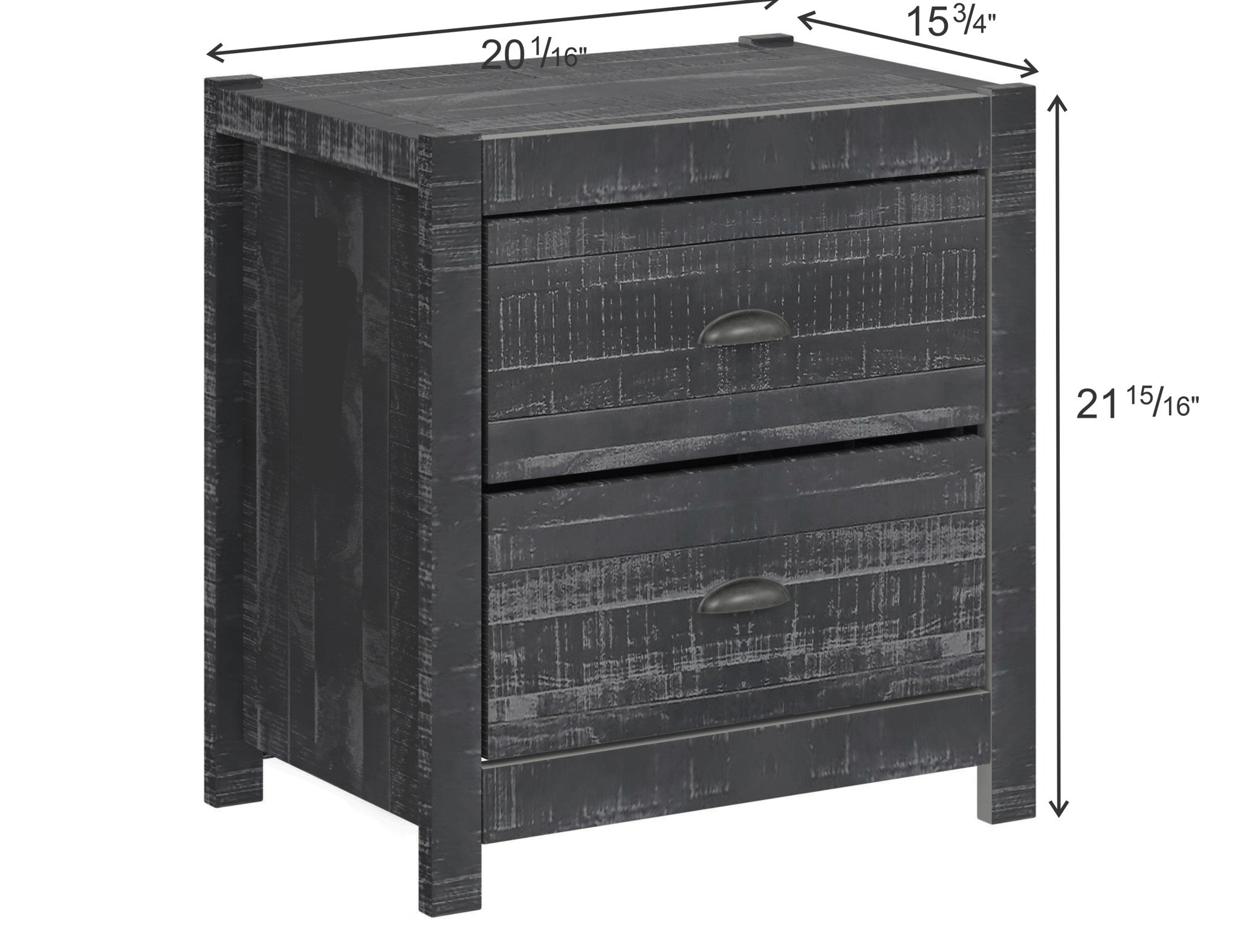 24" Dark Gray Distressed Solid Wood Two Drawer Nightstand