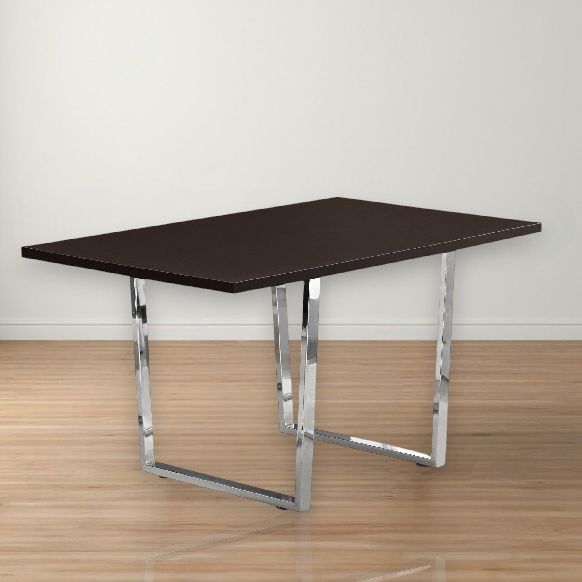 59" Espresso And Silver Solid Wood And Metal Sled Base Dining Table