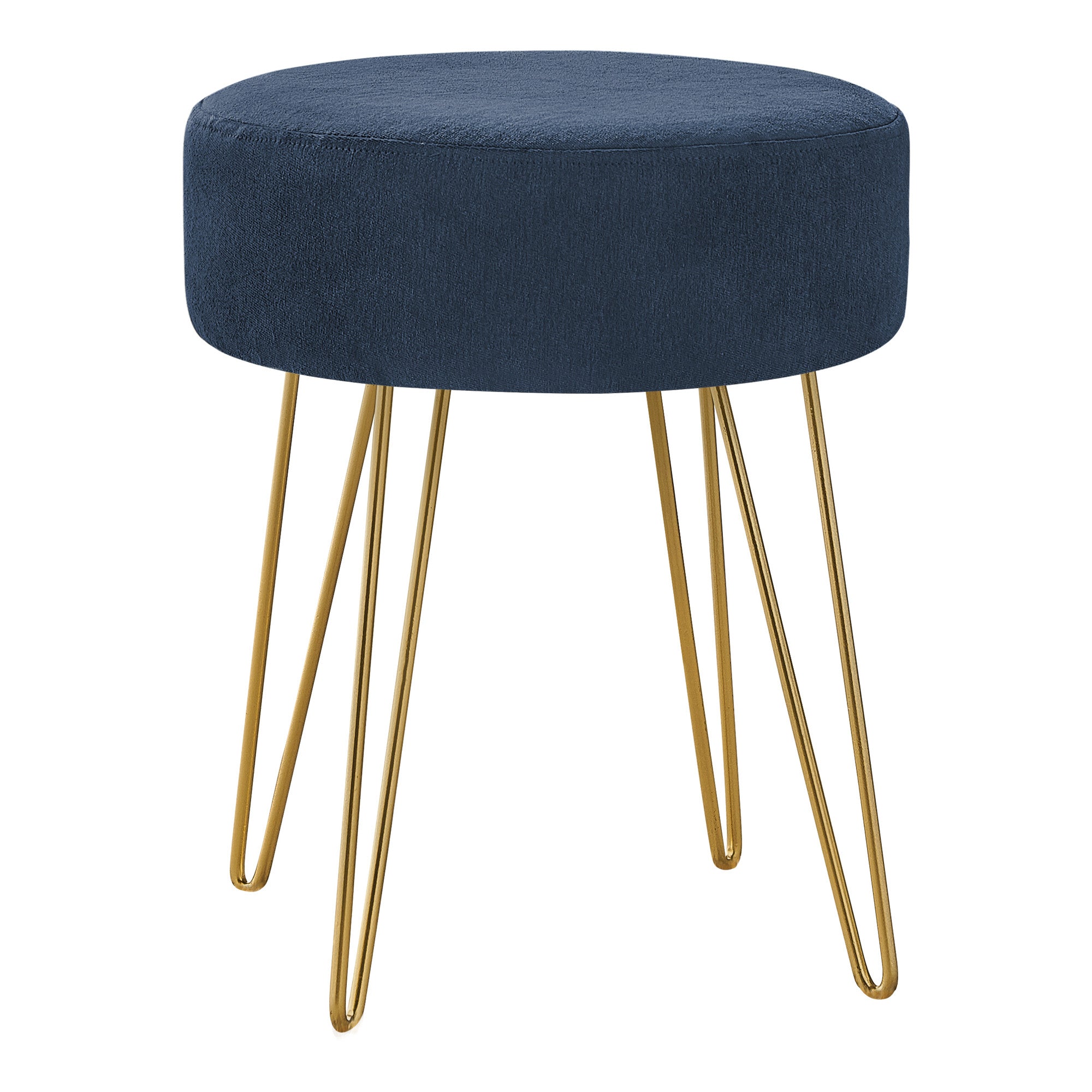 14" Blue Velvet And Gold Round Ottoman