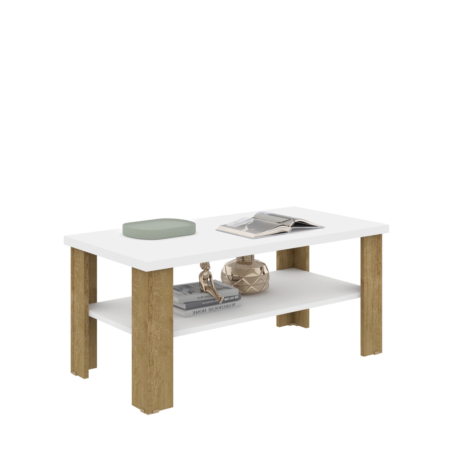 35" White And Natural Coffee Table With Shelf