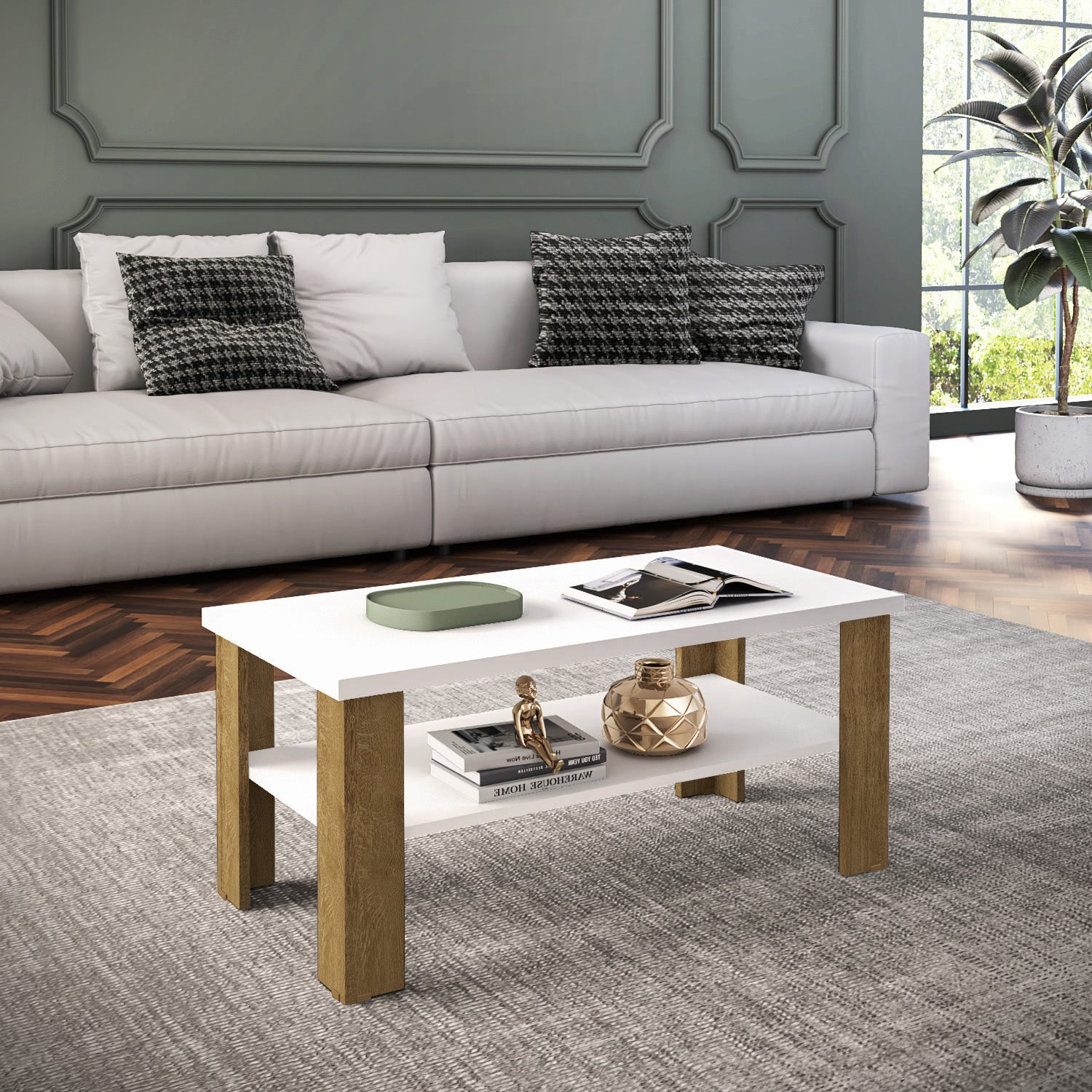 35" White And Natural Coffee Table With Shelf