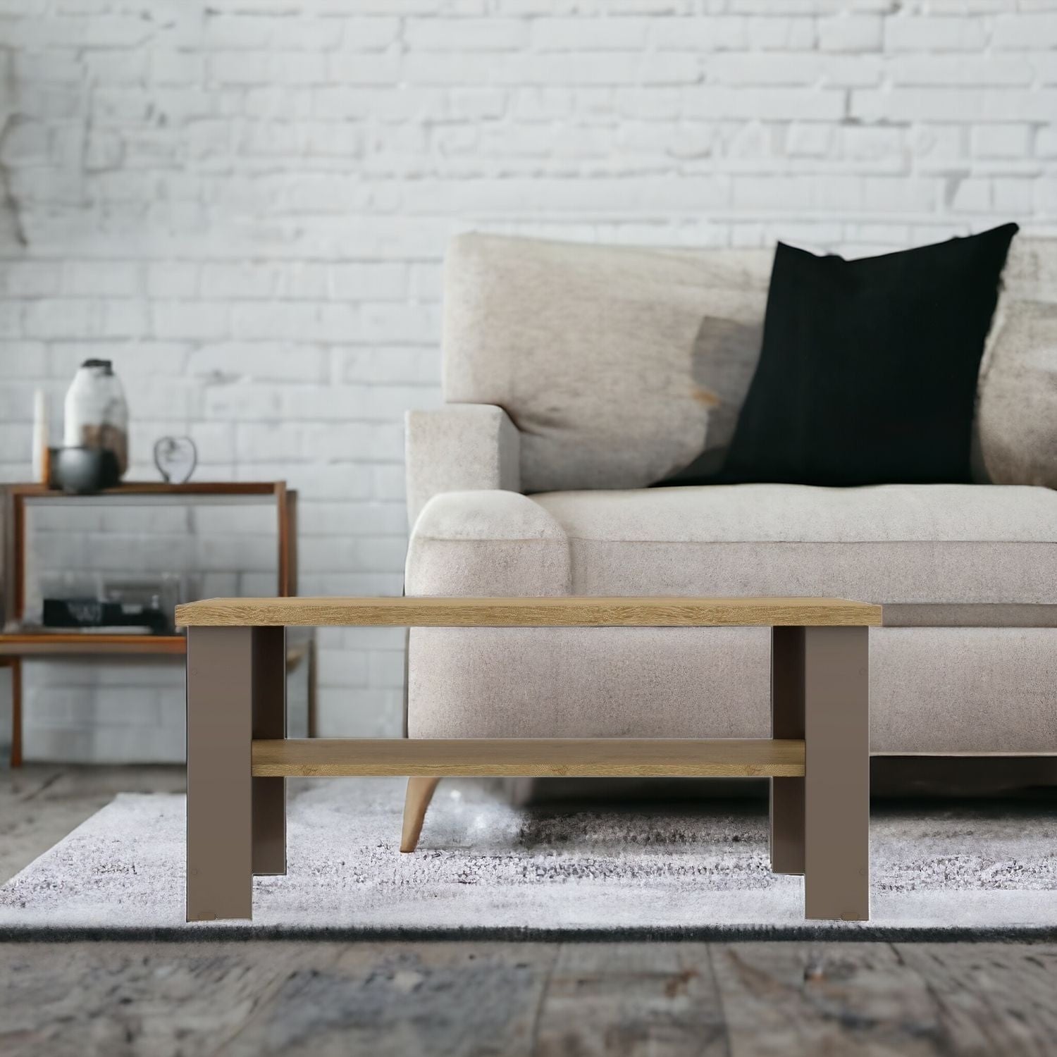 35" Natural And Brown Coffee Table With Shelf