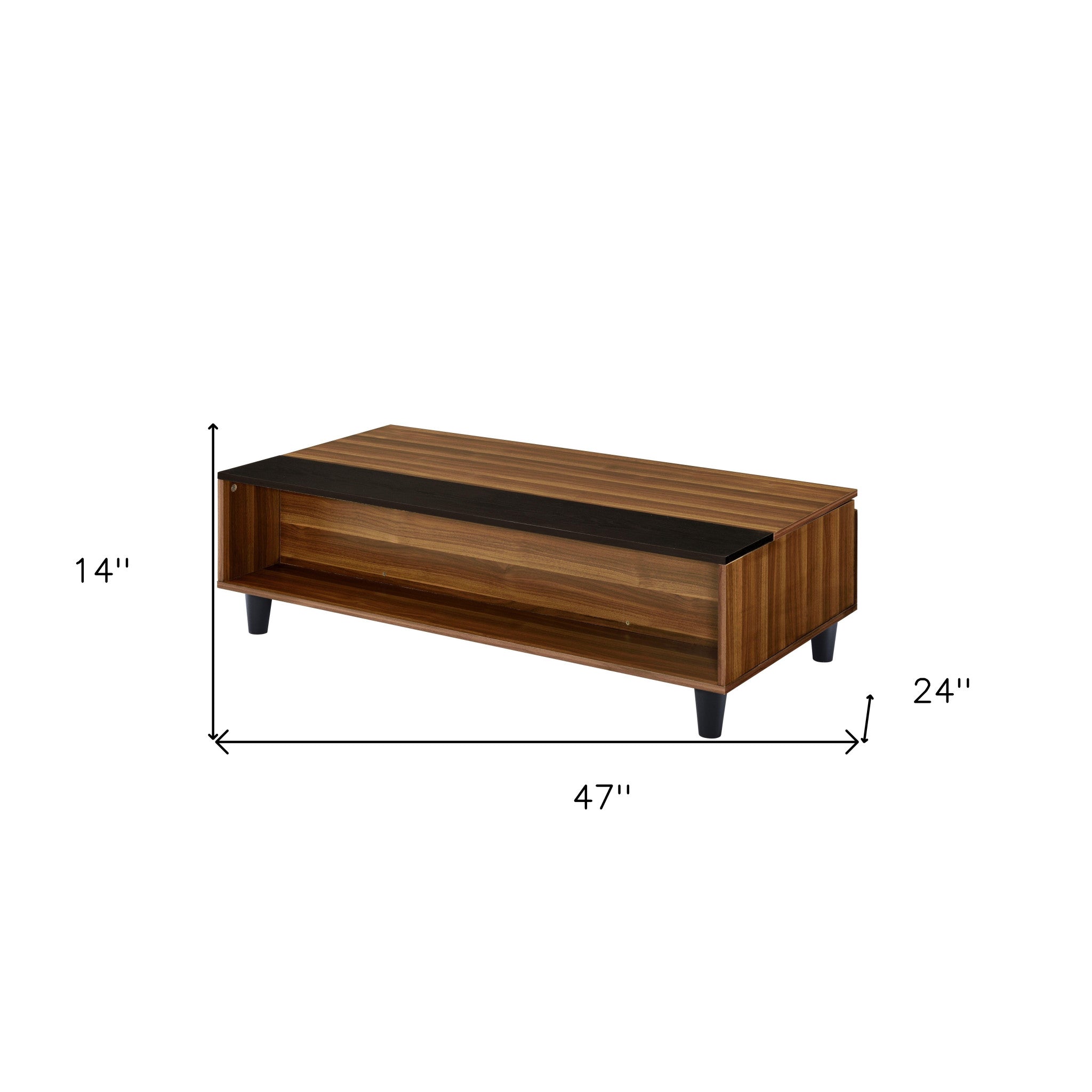 47" Walnut And Black Rectangular Lift Top Coffee Table With Shelf